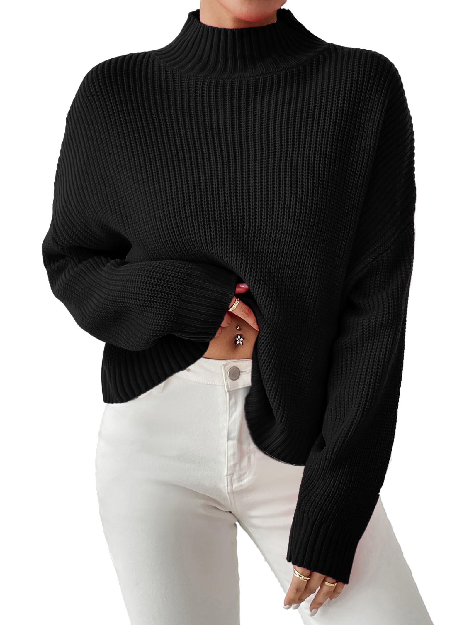 SunnyMelody Womens Cropped Mock Neck Sweater Fall 2025 Ribbed Knit Pullover Sweaters Jumper - Lightweight Crop Loose Fit