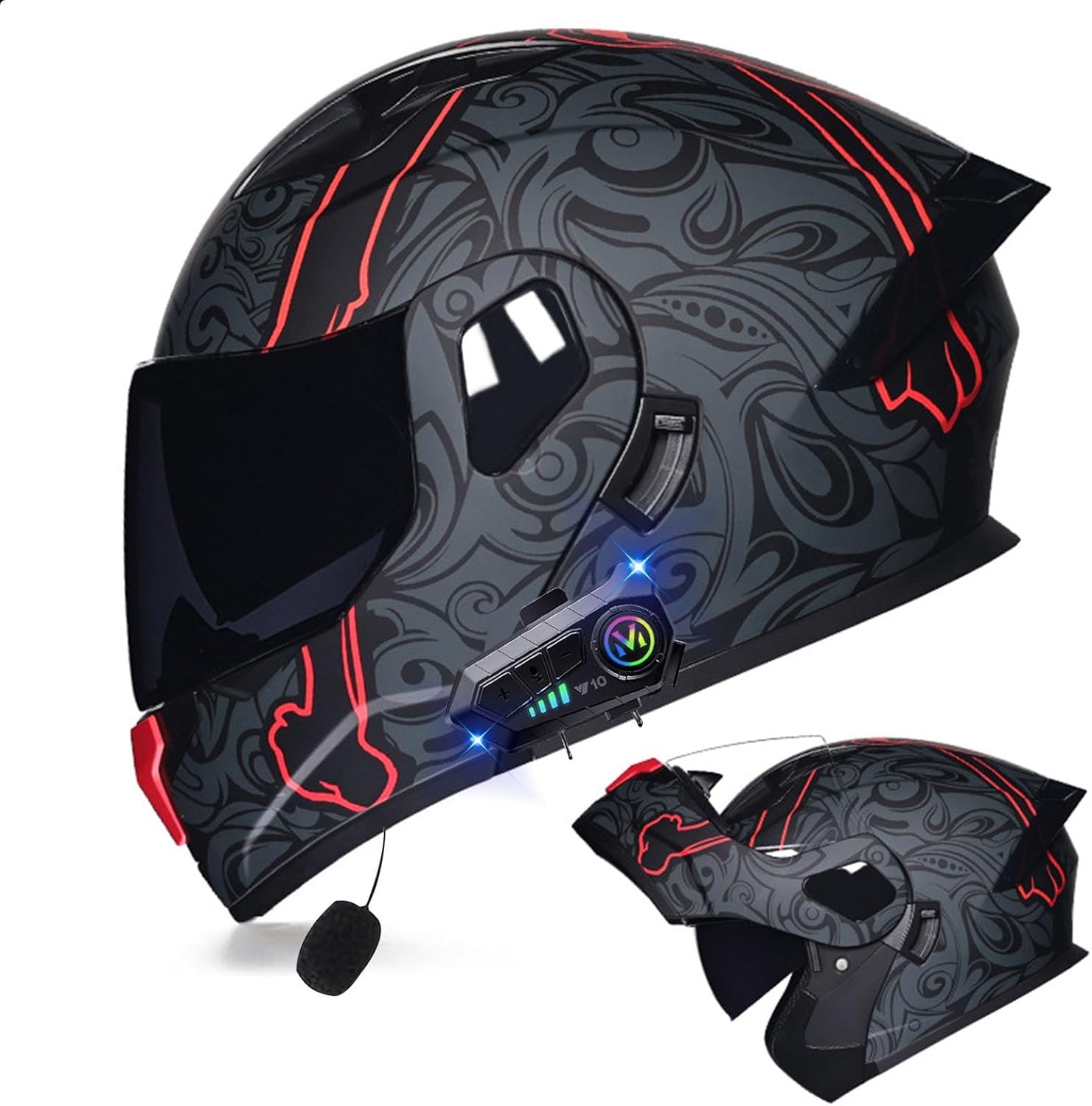 Bluetooth Modular Motorcycle Helmet with Tail DOT Approved Flip-Up Full Face Integrated Anti-Fog Dual Visor Helmet Built-in Dual Speaker Microphone Waterproof Adult Men Women M-XXL