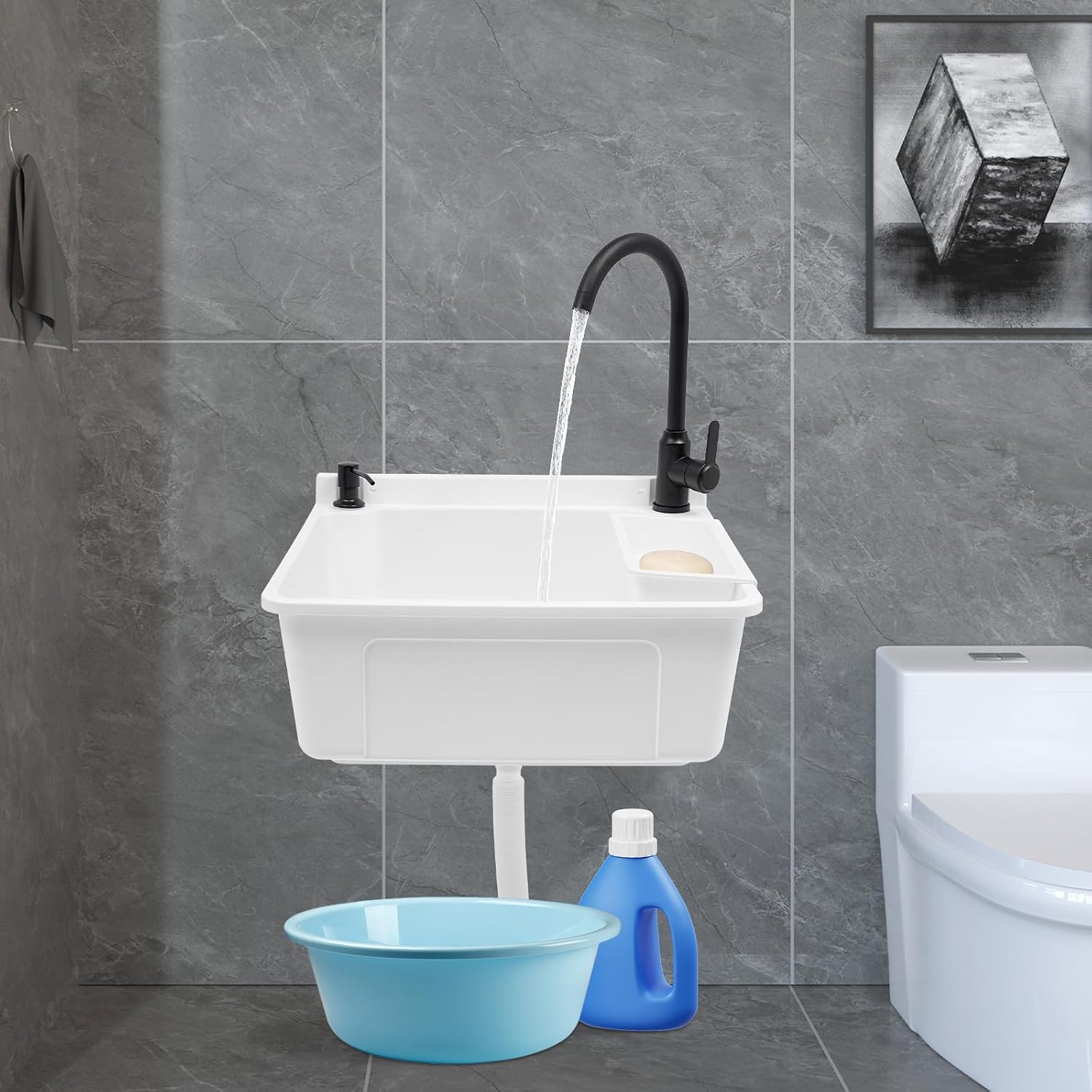 Wall-Mounted Utility Sink, 20in Stainless Steel Finish Pullout Faucet Freestanding Single Bowl Kitchen Sink Walls Mounted Utility Tub w/Soap Box & Soap Dispenser for Laundry Room,Workshop. (White)