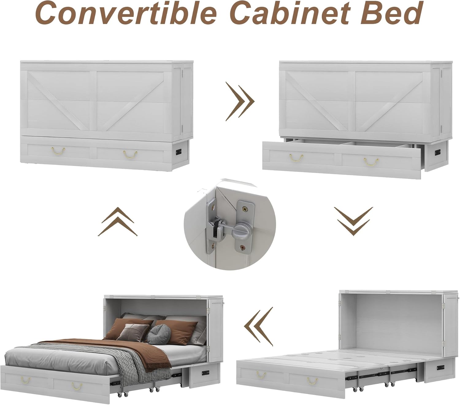 Solid Wood Murphy Bed Cabinet：Queen Size Murphy Bed with USB Charging Station and Large Storage Drawer for Home，Optimize Sleeping Space（Mattress Not Included） White Brown-14