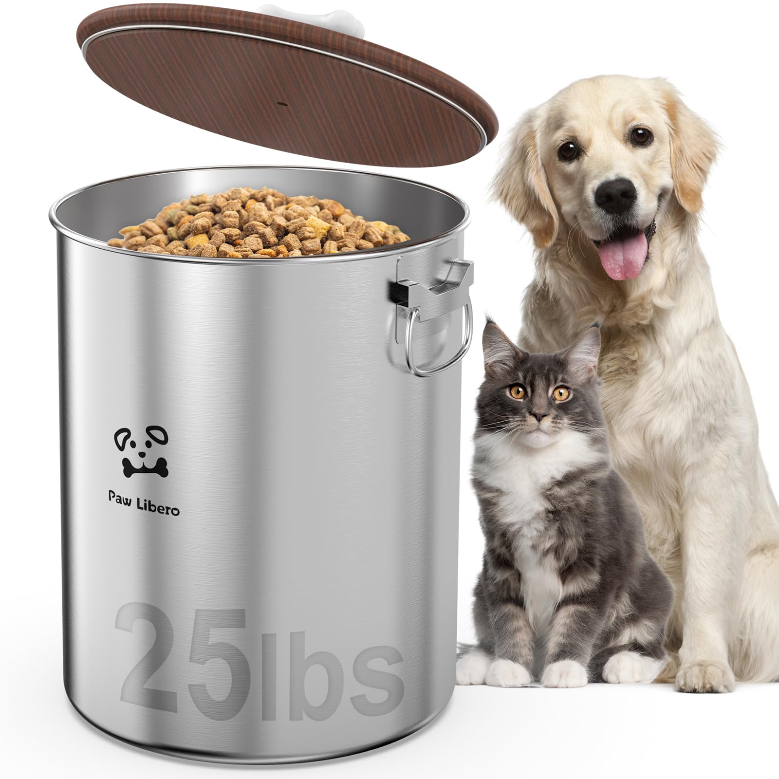 Paw Libero 25 Lbs Stainless Steel Dog Food Storage Container with Airtight Wooden Lid Ceramic Bone Handle, Large Metal Dog Food Bin for Dogs Cats, Keep Fresh, Easy to Clean
