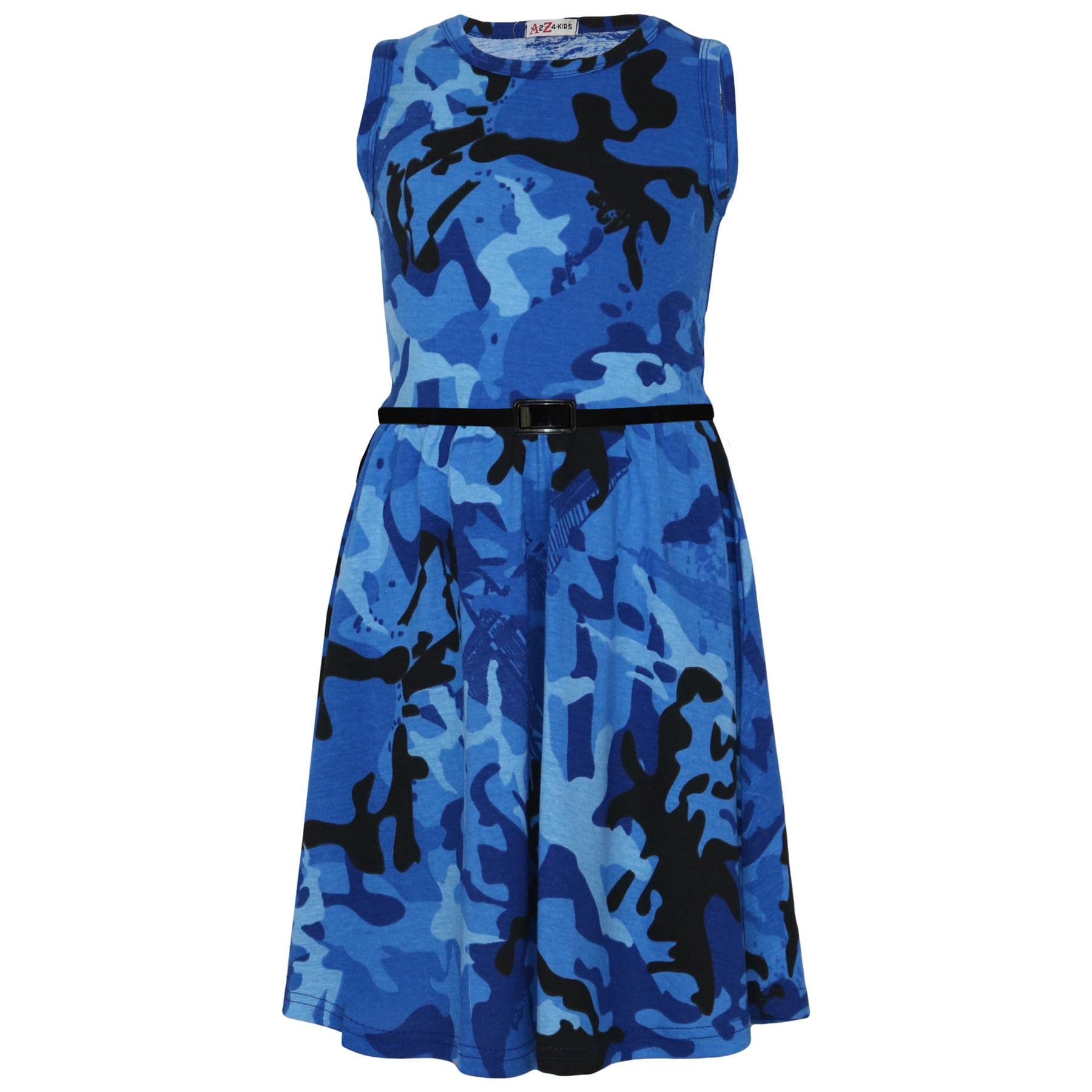 A2z 4 Kids Girls Blue Sleeveless Skater Dress With Belt Cotton - A2z Camo Skater Dress 13