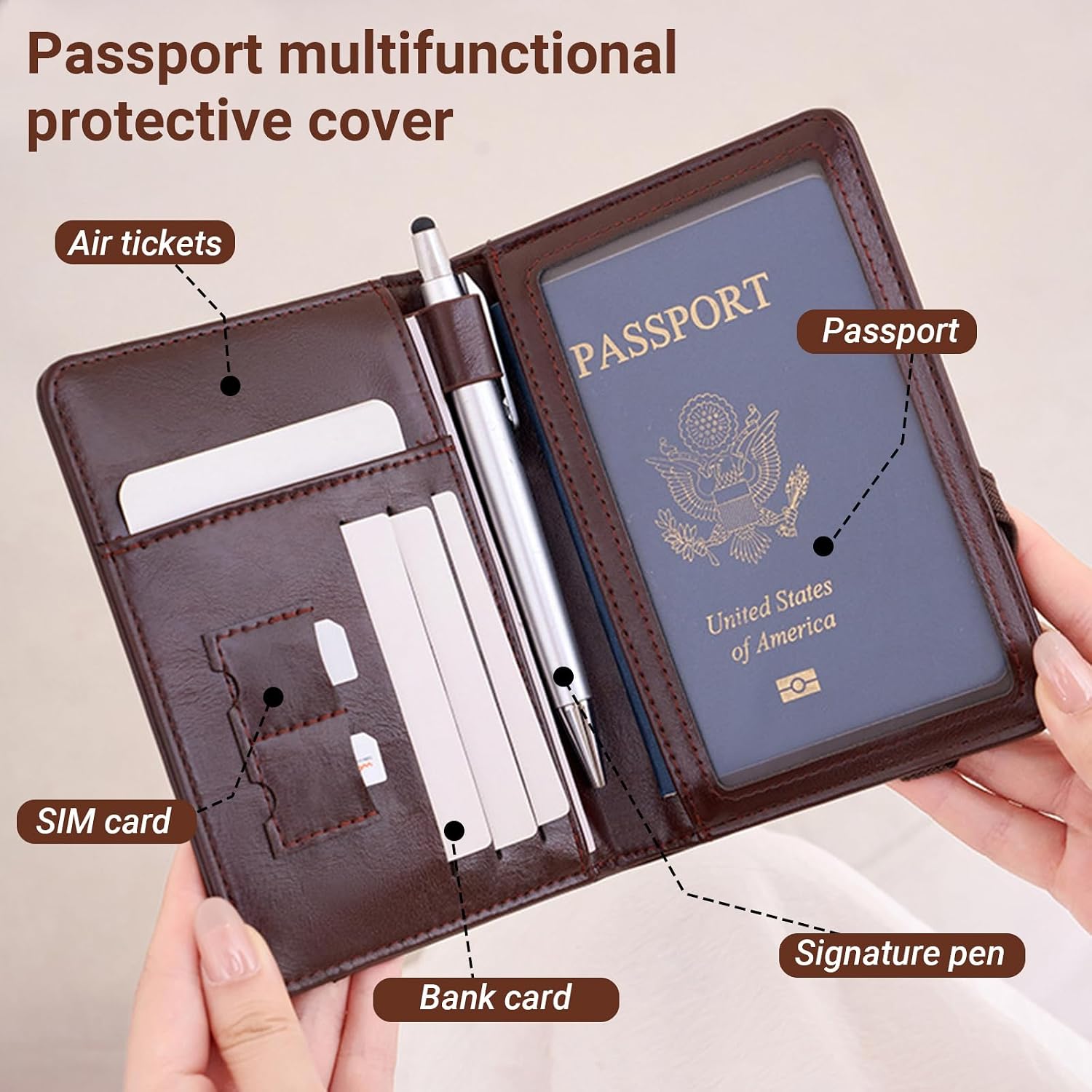 Leather Passport Cover with RFID Blocker and Alloys Suitcase Tag Set, Passport Cover, Passport Cover, ID Folder, Travel Accessories, Holiday Must Haves, for Travel Essentials, brown, 14cm image 5