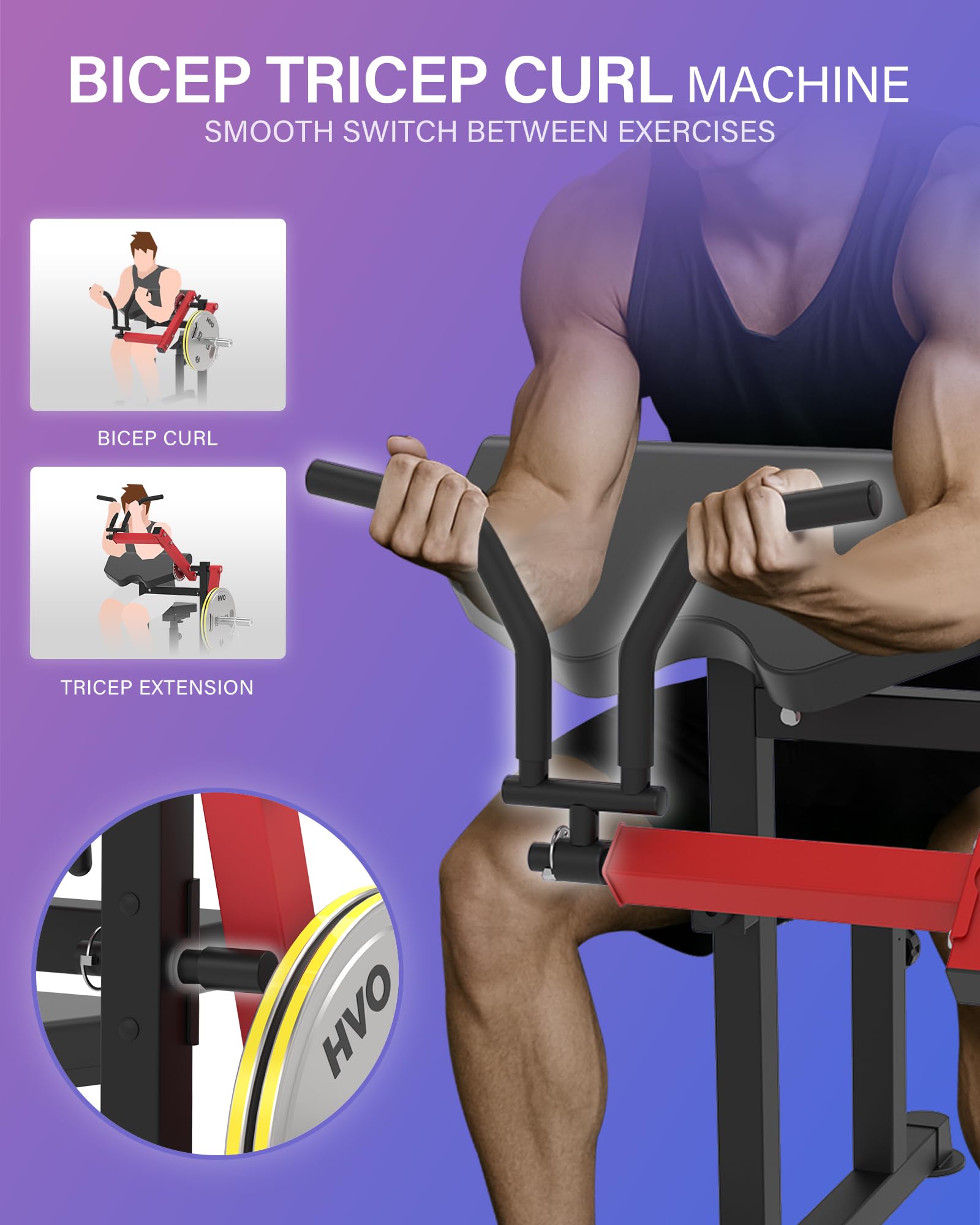 HVO Banco de Bíceps y Tríceps: Banco Ajustable 2-en-1 para Curl de Bíceps y Extensiones de Tríceps Sentado – Banco de Musculación para Entrenamiento de Brazos en Casa, Rojo