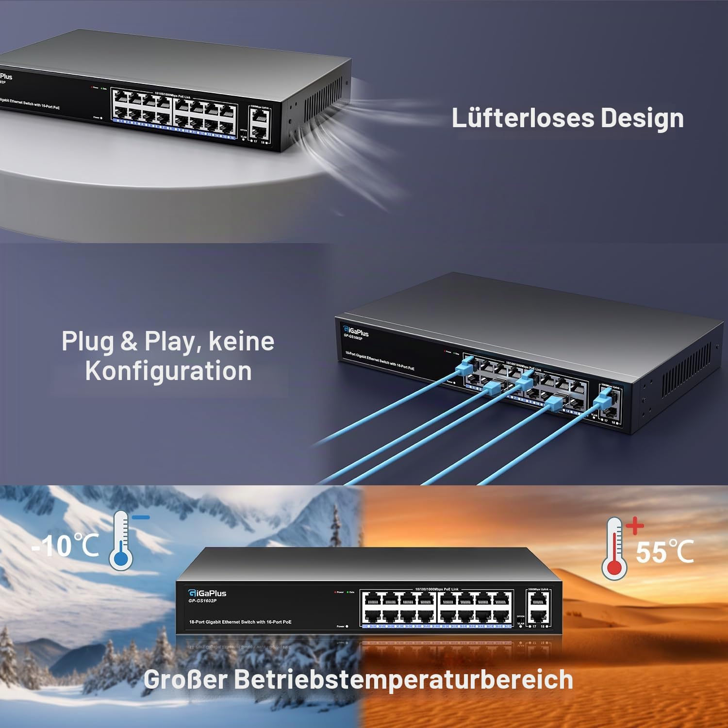18 Port Gigabit PoE Switch with 16 Port PoE+ 1000Mbps, 2x1000Mbps Uplink, GiGaPlus 18 Port IEEE802.3af/at PoE @250W, Support VLAN, Metal Housing, Desktop or Wall-Mount, Plug & Play
