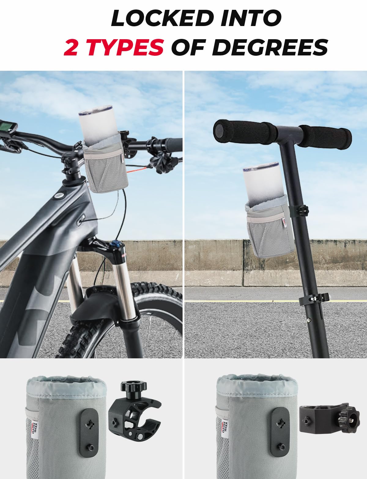 kemimoto Getränkehalter, Oxford-Stoff, Getränke-Dosenhalter mit Abfluss und Krokodilklemme für Boot, Motorrad, ATV, Fahrrad, Rollstuhl, Rollator, Roller, Golfwagen, Wohnmobil, Stuhl, verstellbar, grau