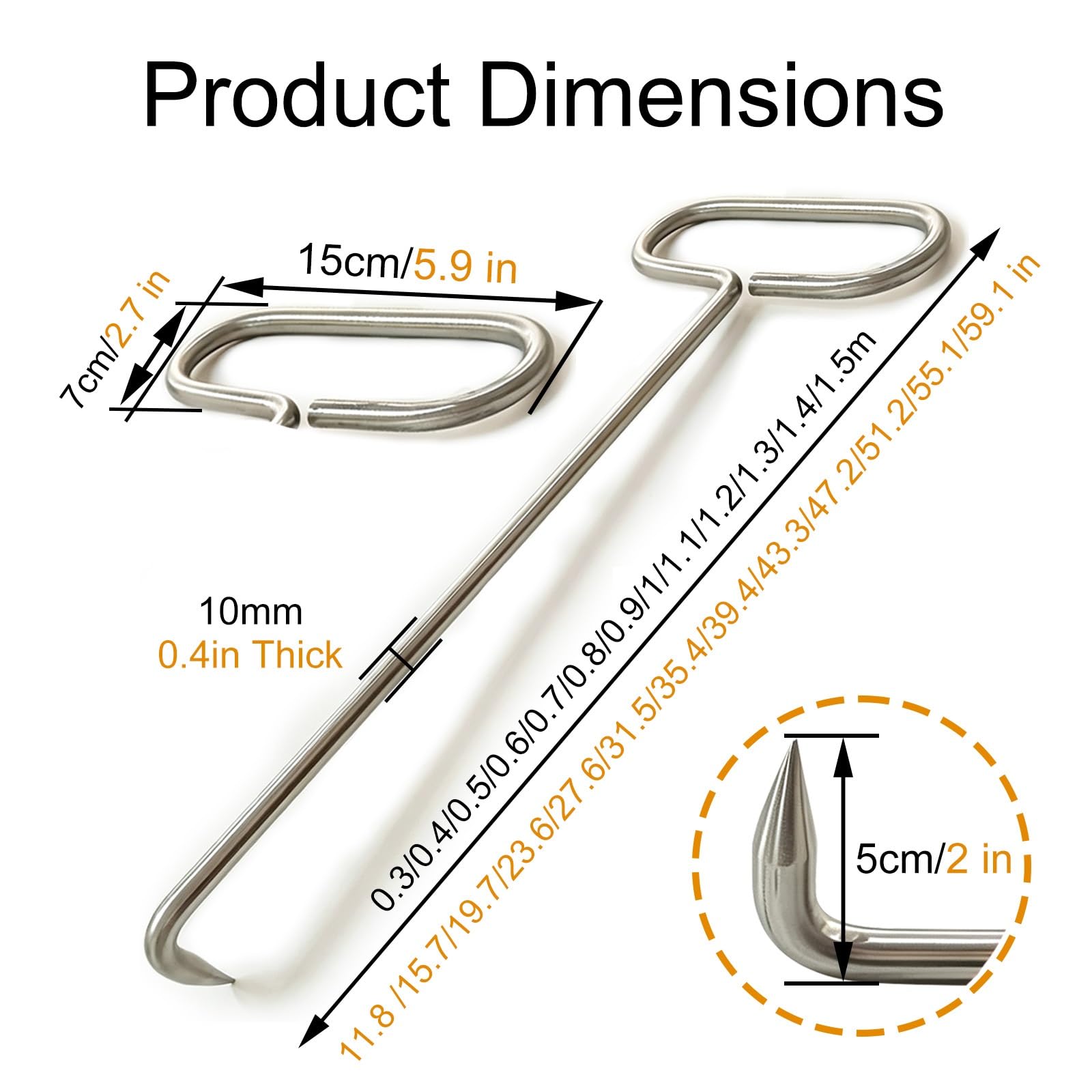 Paquete de 2 Ganchos en Forma J Puntiagudos, 11 13/16" a 59 1/16" | Palanca de 3/8", empuñadura ovalada sin soldadura de una pieza, acero inoxidable 304(50cm/19.7in)