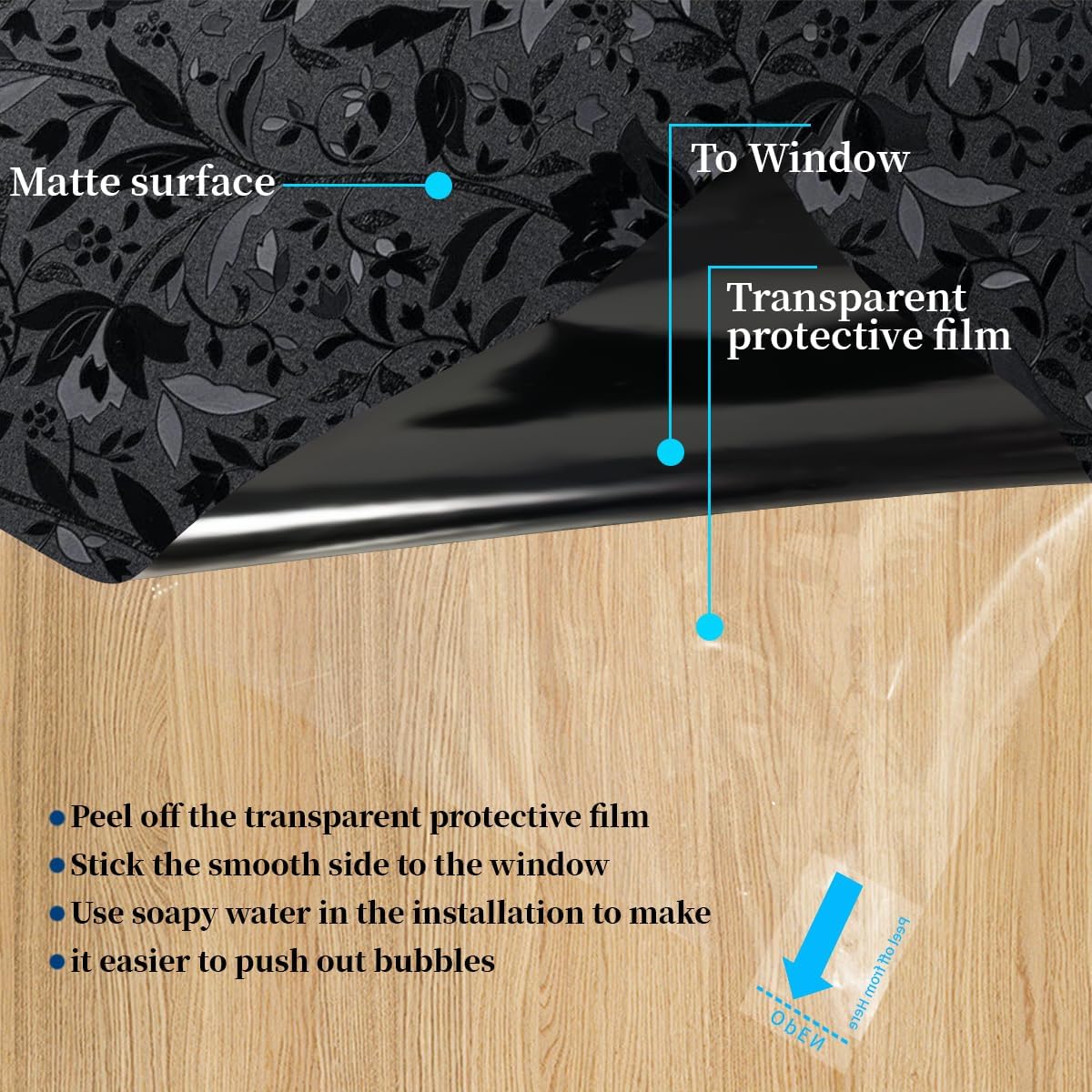 Bloss Blackout Window Privacy Film, 100% Sun Blocking Privacy Cover for Glass, Removable Room Darkening Black Out Window Tint, Static Cling Frosted Glass Film (Black/Tulip, 29.5" x 78.7")