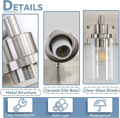 Miniatura 8 de LOUSACE Lámpara de tocador de baño de 6 luces de níquel cepillado, accesorios de iluminación de baño con pantallas de vidrio transparente sobre