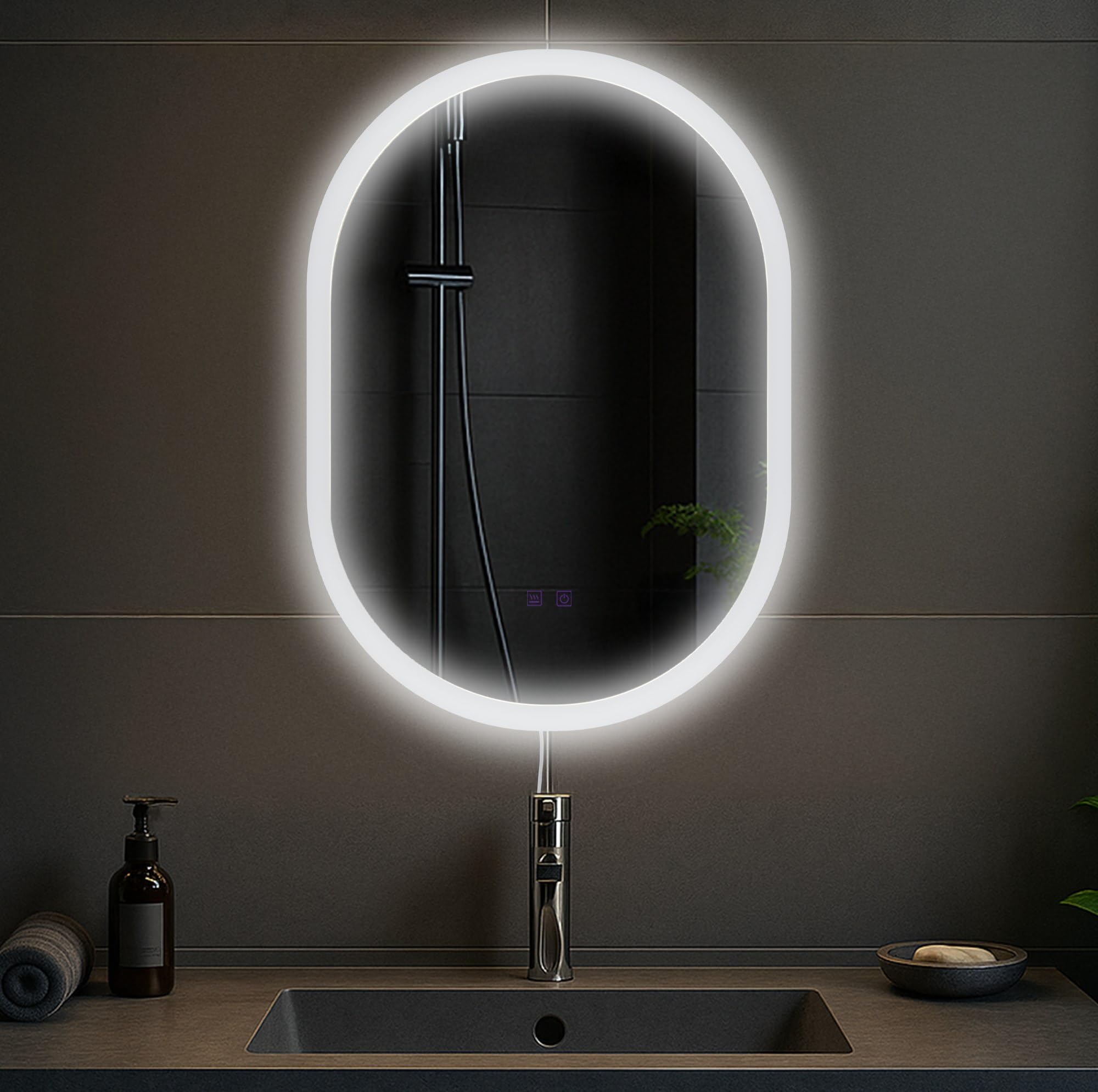 CLP Espejo de baño Karishma 70x50 cm, Espejo de baño antivaho, Iluminación LED Regulable, 3 Modos de luz, con y sin Bluetooth, Contenido del Set:sin Bluetooth