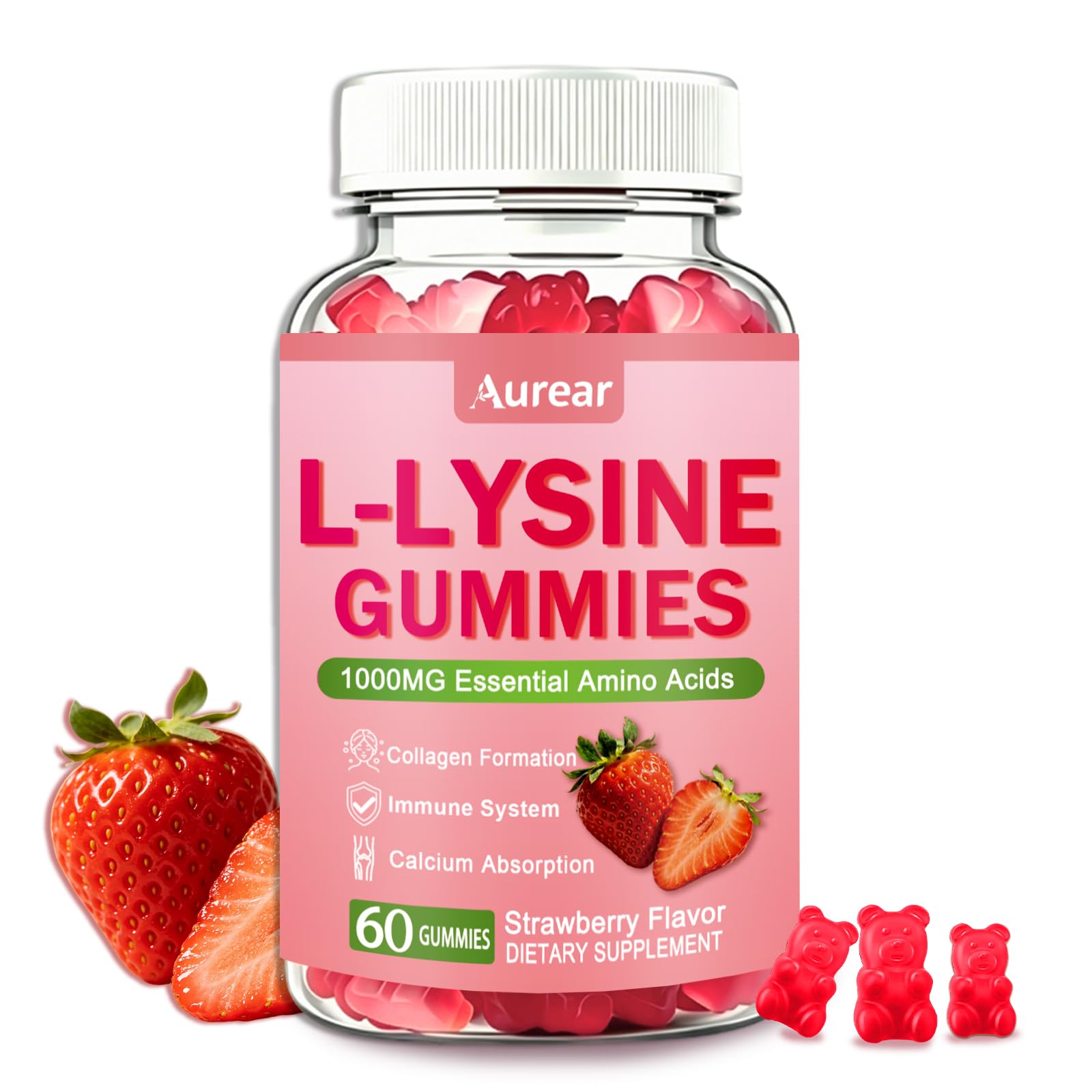 Aurear Suplemento de L-Lisina em Gomas 1.000 mg, vegano, sabor morango, 60 gomas