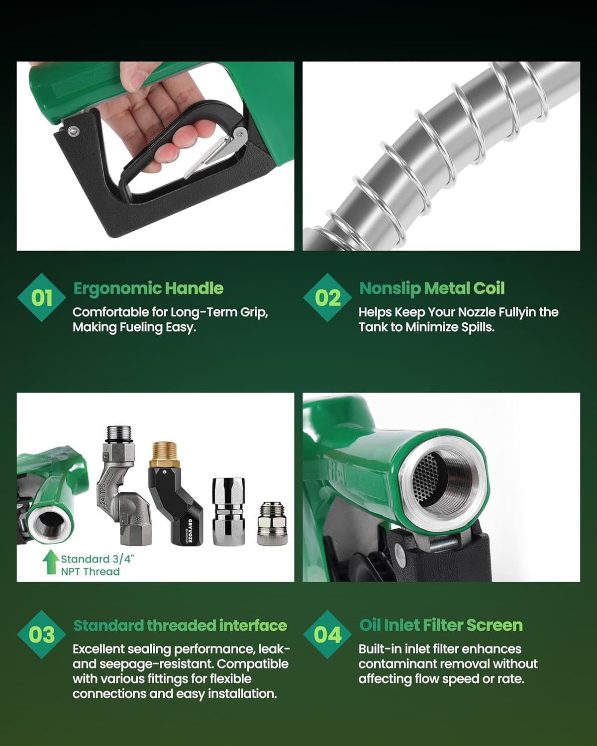 3/4" NPT Automatic Fuel Nozzle, 16 GPM Diesel Gas Pump Nozzles with Hook & 3-Position Auto Lock, Fuel Hose Handle Transfer Gun Gas Pump Nozzle for Gasoline, Diesel, Kerosene and Water