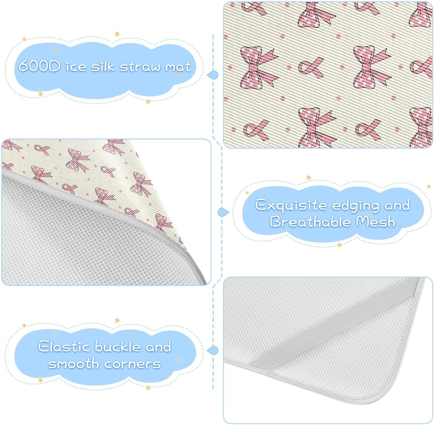 Baby Cooling Mat Bows Polka Dot Ice Silk Breathable Mesh Summer Crib Mattress Pad with Pillowcase, Soft Cooling Sleeping Surface for Infant & Toddler, 52"x28"
