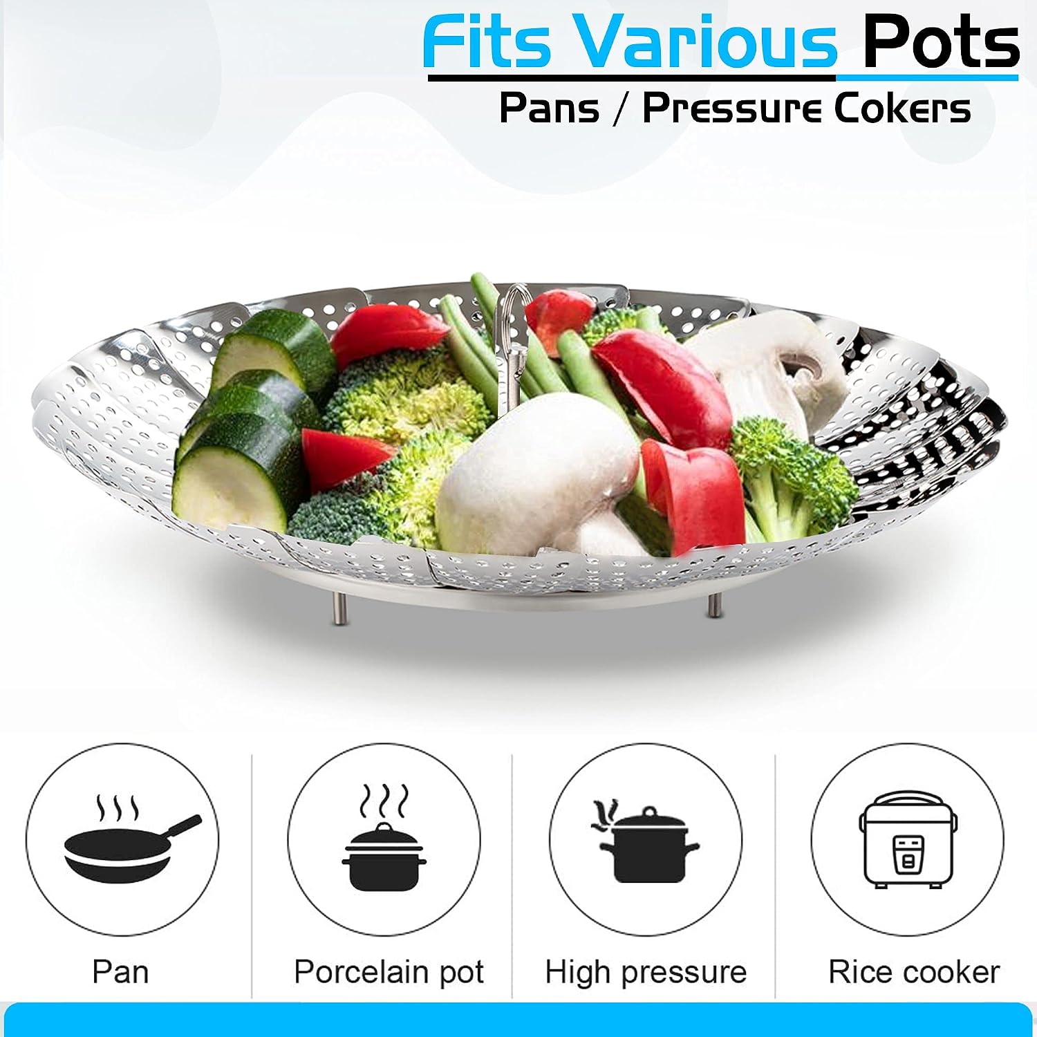 Steamer Basket, Vegetable Steamer For Cooking, Insert Pot Steamer Basket, Veggie Food Steamer, Stainless Steel Steaming Basket, Folding Expandable & Adjustable, Fits Any Size Pan
