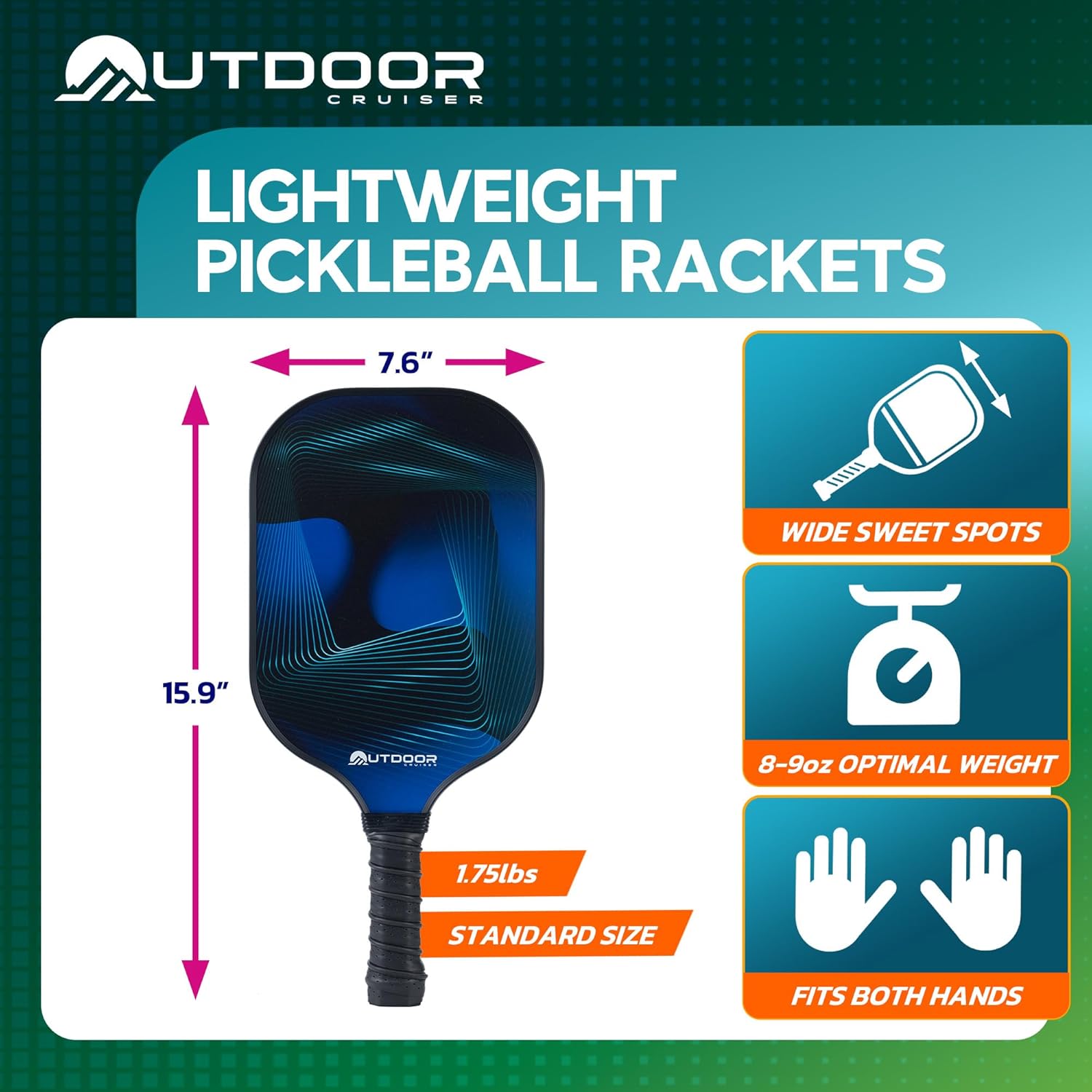 Outdoor Cruiser Pickleball Paddle Set – USAPA Approved, Premium Fiberglass Paddles with Lightweight Shock-Absorbing Grip, Includes 2 Rackets, 4 Balls, Grip Tapes, and Sling Carry Bag