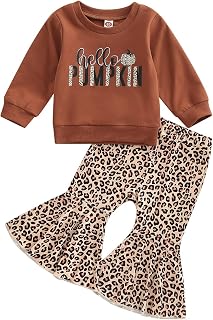 AMAWMW Toddler Baby Girl Halloween Outfit Pumpkin Sweatshirt Leopard Bell Bottoms Halloween Stuff Gifts Infant Fall Clothes