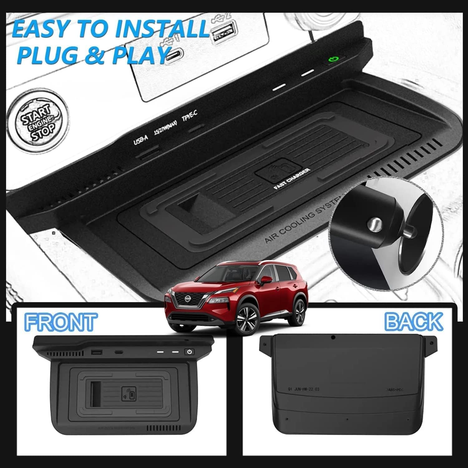 Wireless Car Charger for Nissan Rogue 2021-2023 15W Fast Charging Phone Charger Pad for Nissan Rogue S SV SL Platinum T33 Accessory with QC3.0 USB Port for iPhone 12/13/13Pro Galaxy S22/S21