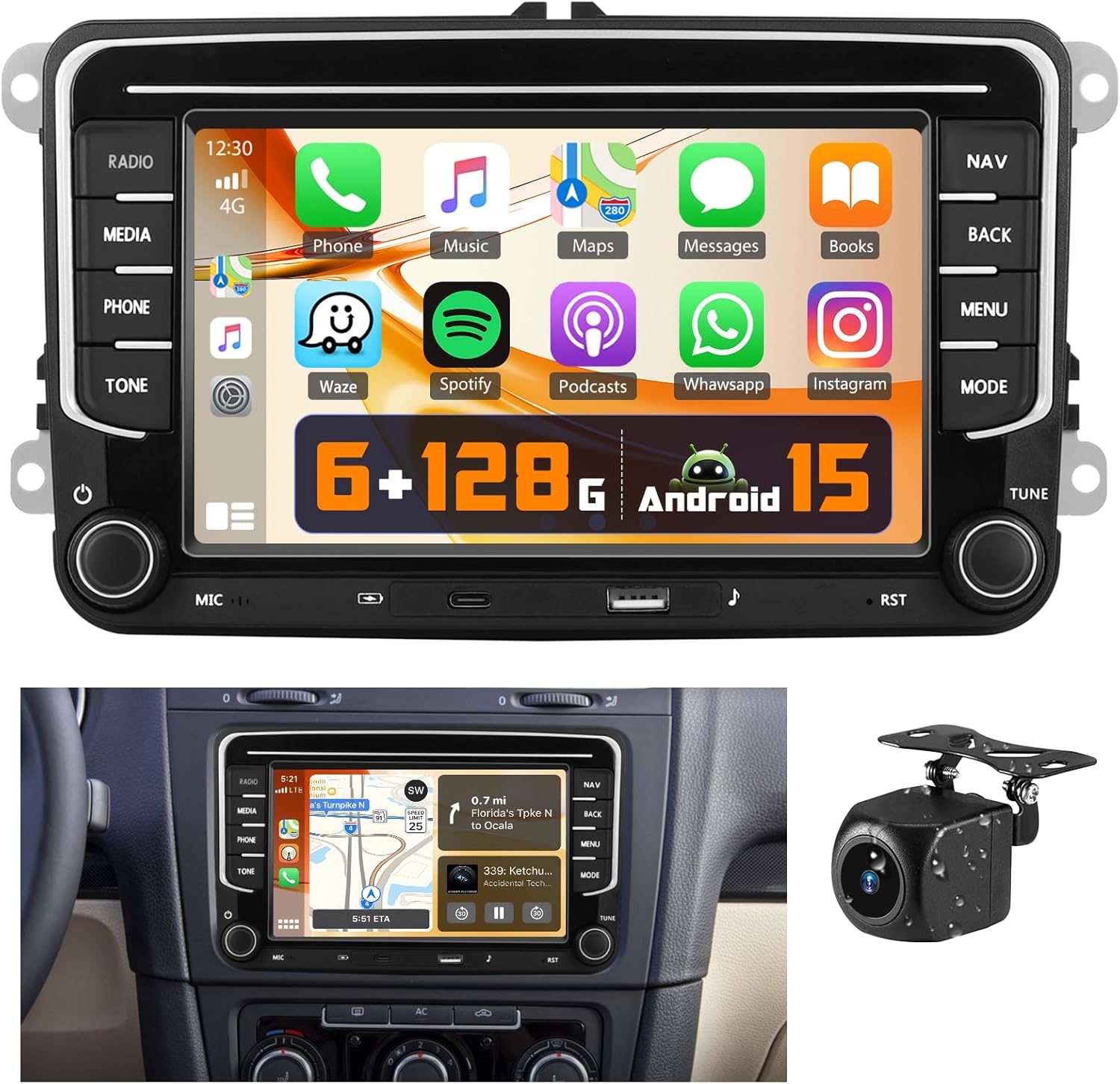 [6+128G] 8 Cores Android Radio for Volkswagen VW Golf Polo Passat B6 B7 Jetta Caddy Seat Tiguan Touran Skoda, 7" Touch Screen Double Din with Carplay/DSP/32EQ/Bluetooth5.0/WiFi/GPS Navi/1280 * 720
