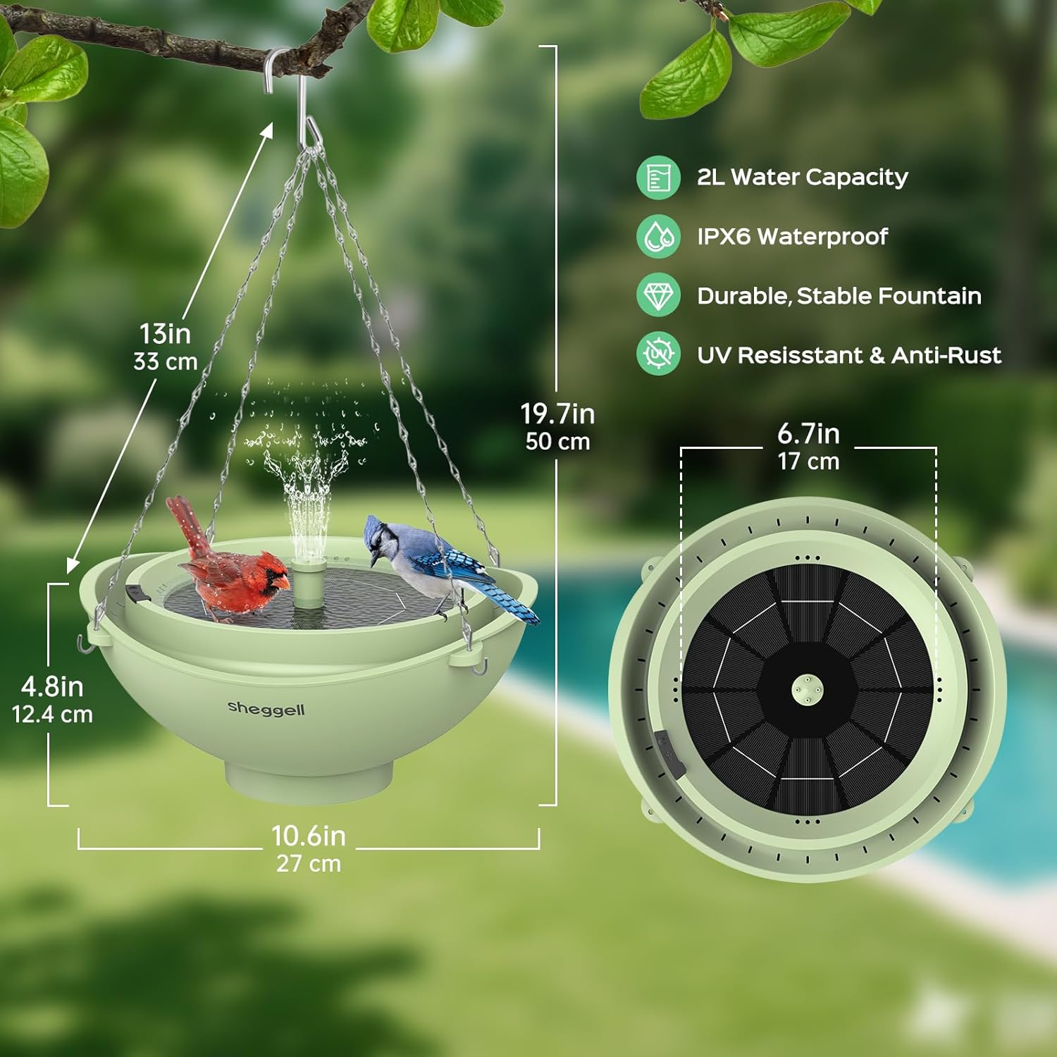 Sheggell Smart Bird Bath, 2L Large Capacity with Water Circulating Filtration, Solar Bird Bath with 3 Fountain Modes, Hanging & Freestanding Design, IPX6 Waterproof, Birdbath for Yard（Light Green）