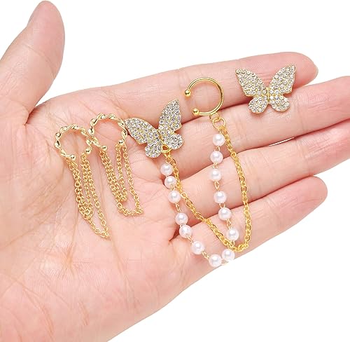 Miniatura 6 de Tornito 6-12 aretes de cadena de hoja, copo de nieve, estrella, mariposa con circonita cúbica, aretes de trepador, cadena colgante, aretes de borla