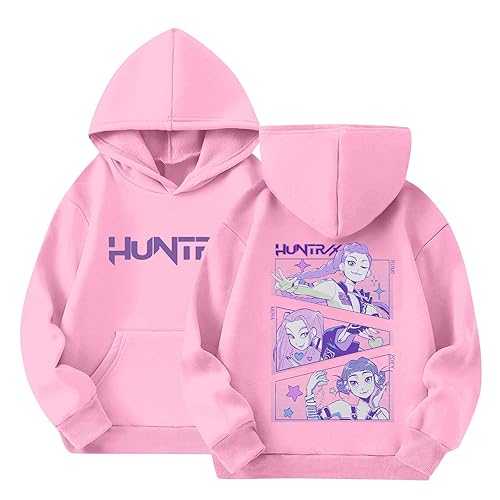 BCFSITNBH KPop Demon Hunters Hoodies Girls Vintage Y2k Pullover Huntrix Huntr/X Hip Hop Streetwear Oversized Fashion Long Sleeve Hooded Sweatshirt for Kids - 01-pink - 140