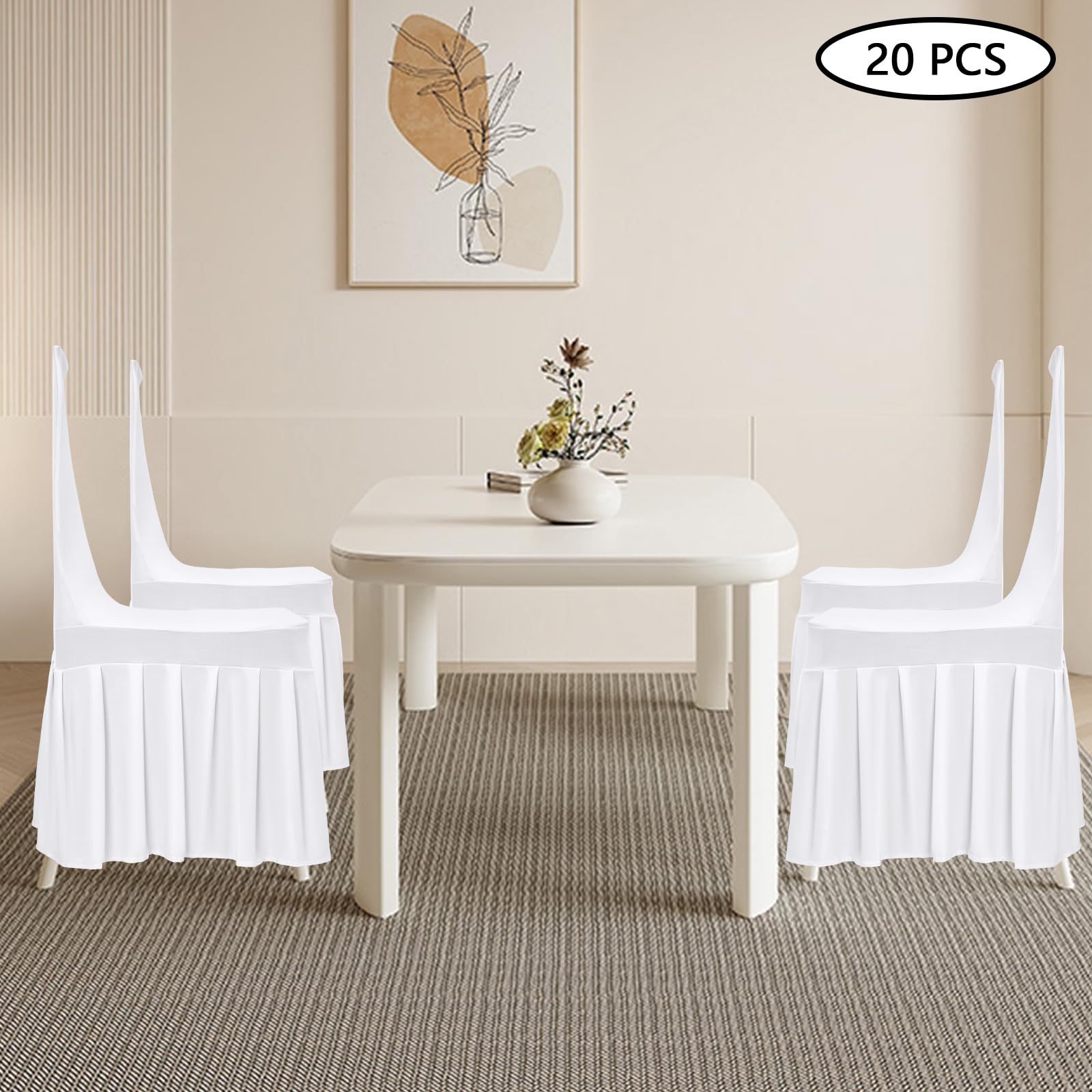 Lot de 20 housses de chaise extensibles avec volants, pour chaises de salle à manger, mariage - Amovibles et lavables - Blanc