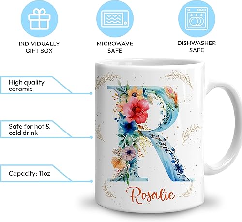 Miniatura 3 de Hyturtle Taza de café personalizada con inicial con nombre, monograma de cumpleaños, regalos de Navidad para niñas y mujeres, letra R con letras