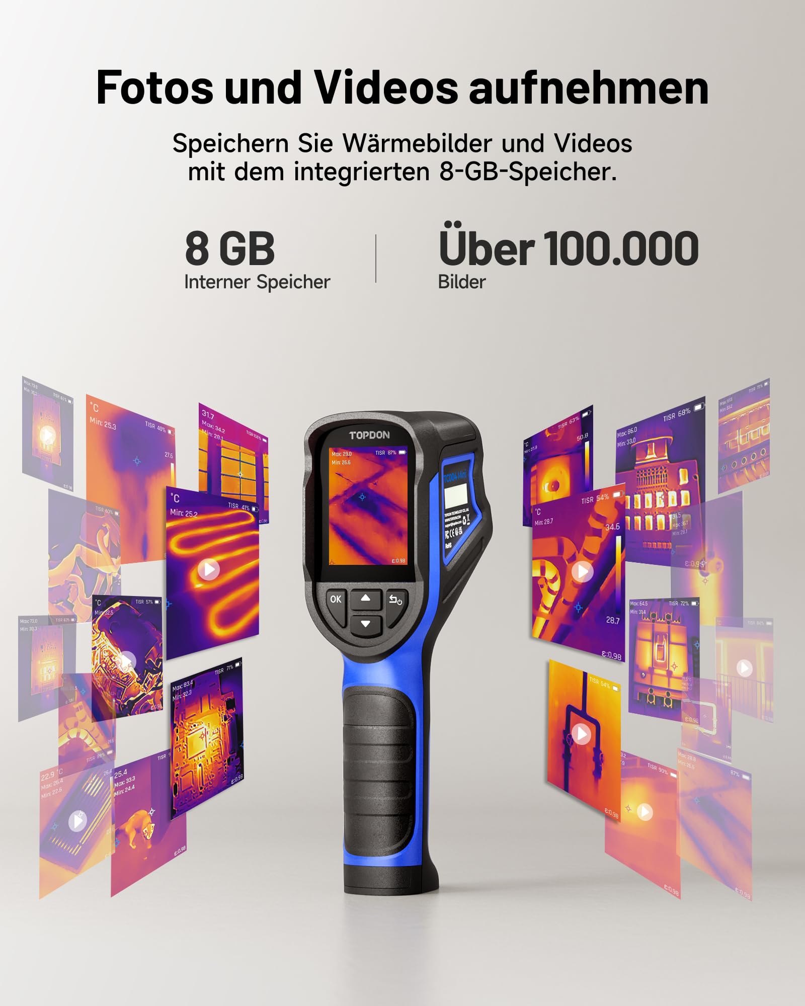 TOPDON Wärmebildkamera TC004 Mini New, 320x240 IR-Auflösung Thermal Camera mit 14 Std. Laufzeit, PC-Bildanalyse, WLAN, -20℃ bis 550℃ Infrarot Kamera mit 8GB Speicher,Videoaufzeichnung,Temperaturalarm