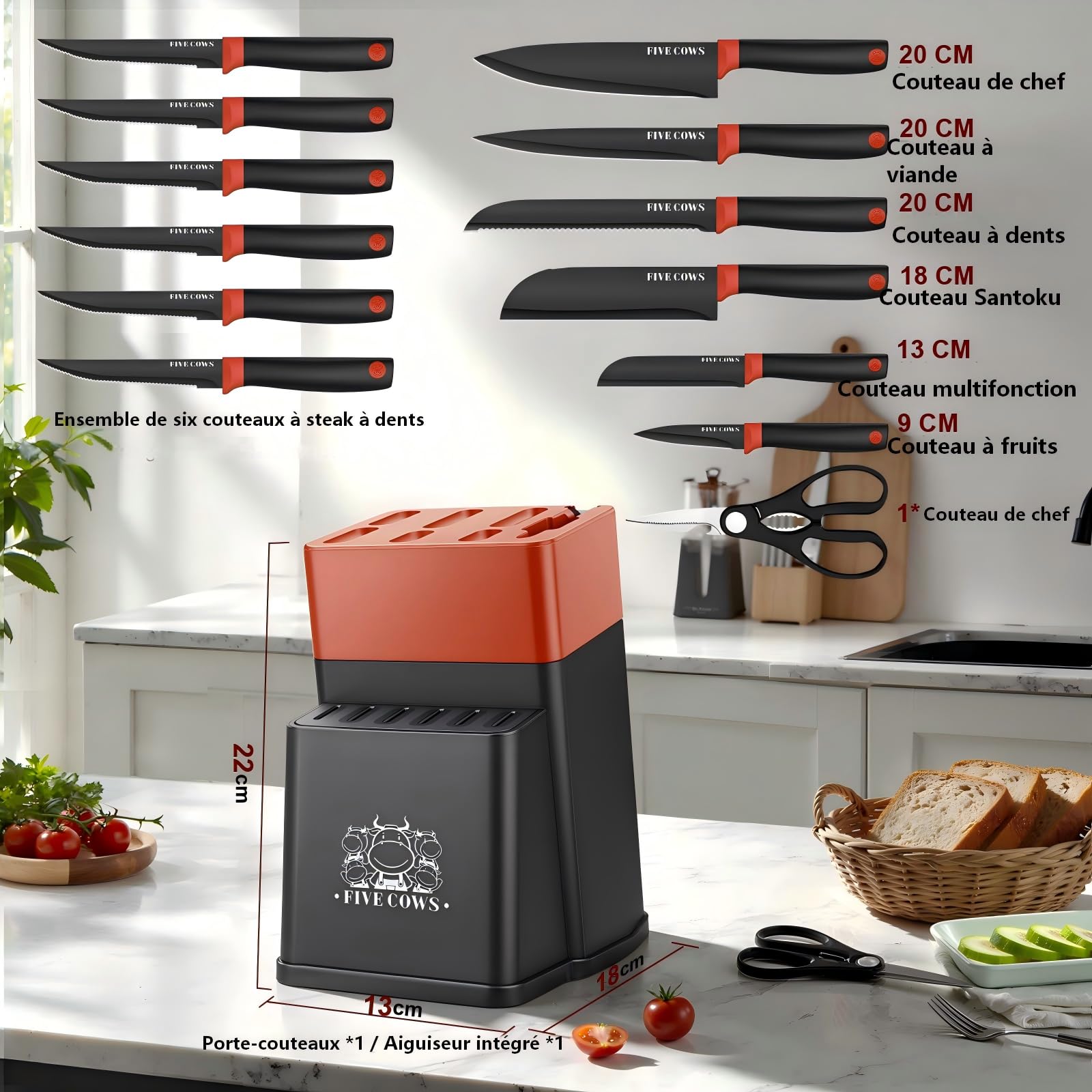 Couteau Cuisine, 14 pièces Couteaux de Cuisine avec Bloc, avec Aiguiseur Intégré, Set de Couteaux à Steak, X50CR15, Bloc Couteaux Cuisine avec à Pain, Couteau à Fruits et Ciseaux (Rouge)
