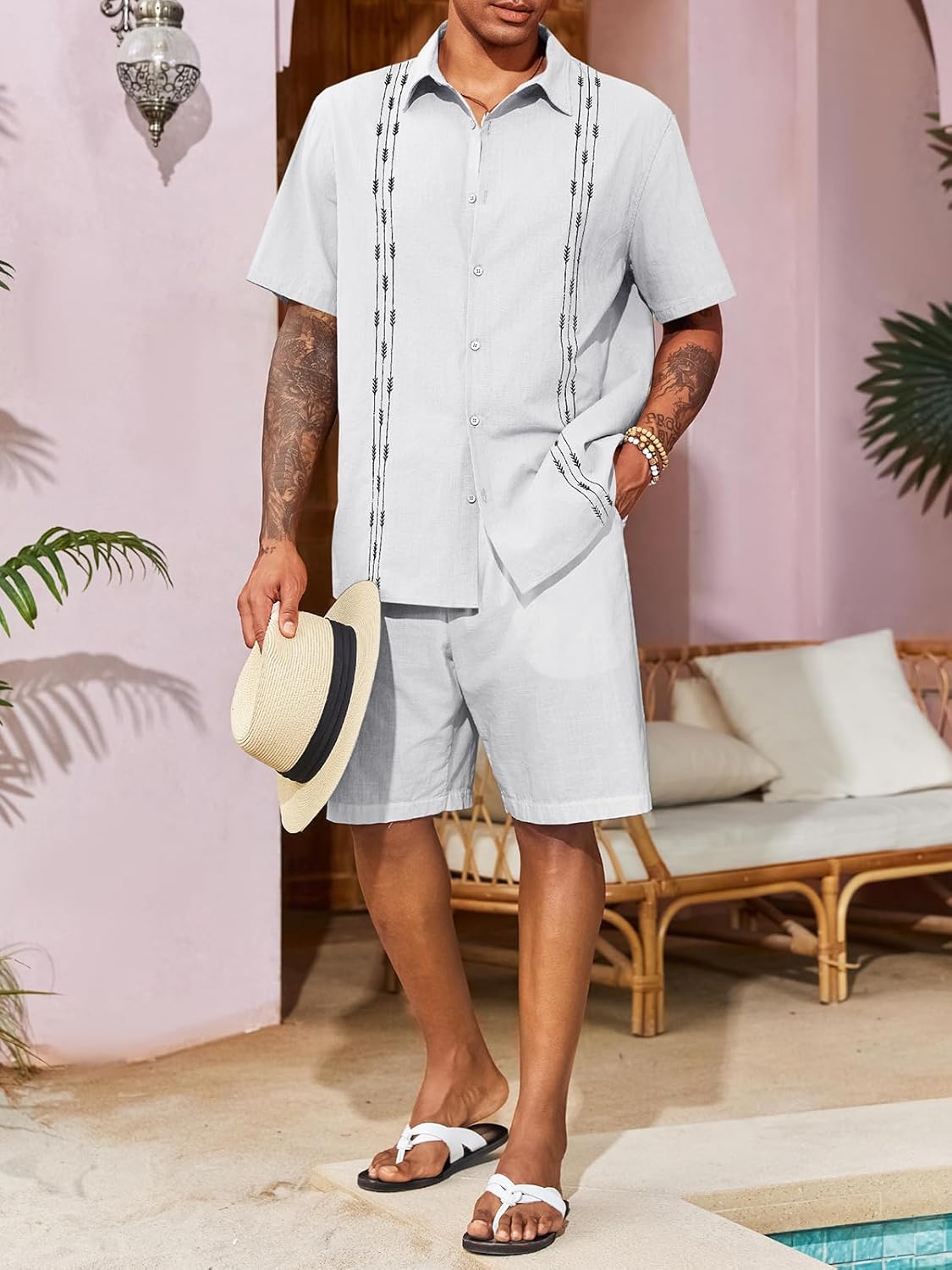 Runcati Mens Linen Shirt Guayabera Cuban Short Sleeve Button Down Cotton Summer Beach Hippie Shirts - Image 4