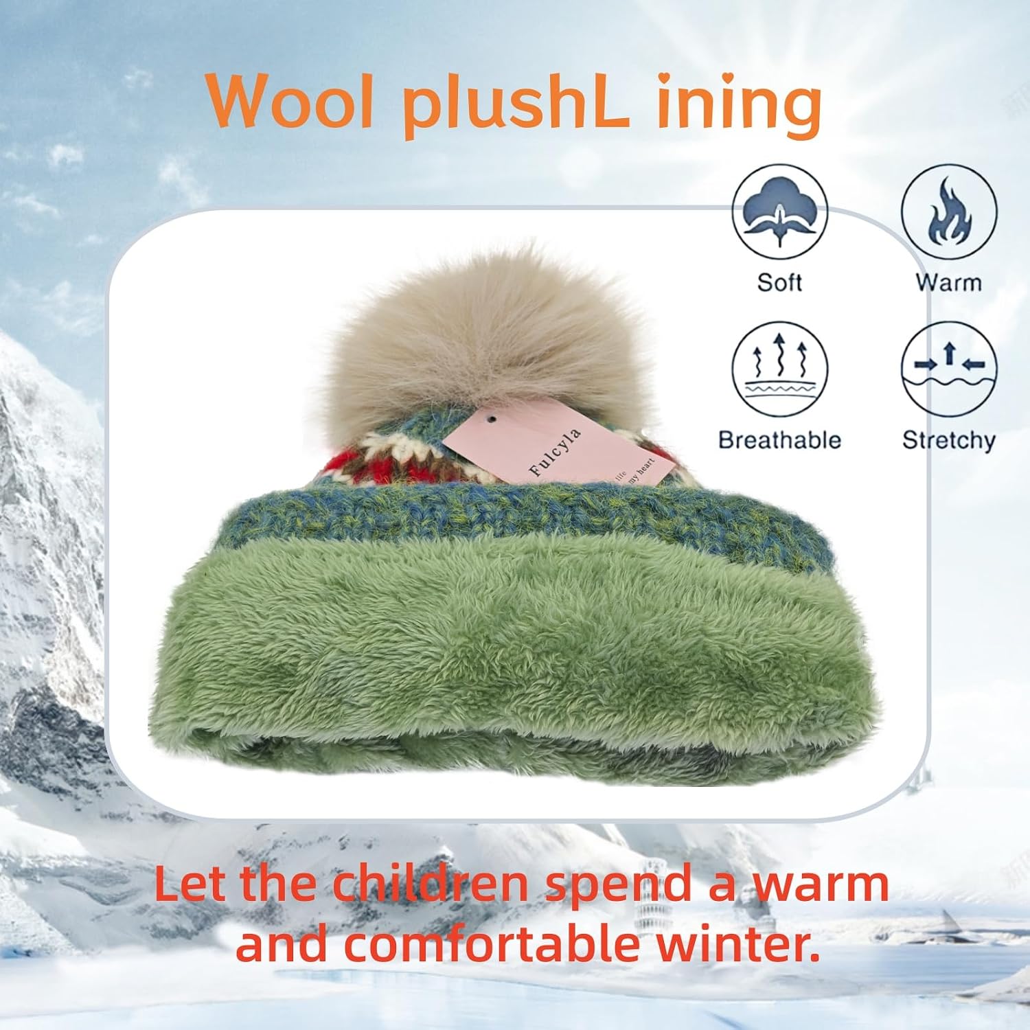 Kids Winter Beanie Hat - Fleece Lined Layer Chunky Knit Pom-Pom Stocking Cap for 3-12 Years Boys Girls Cold Weather
