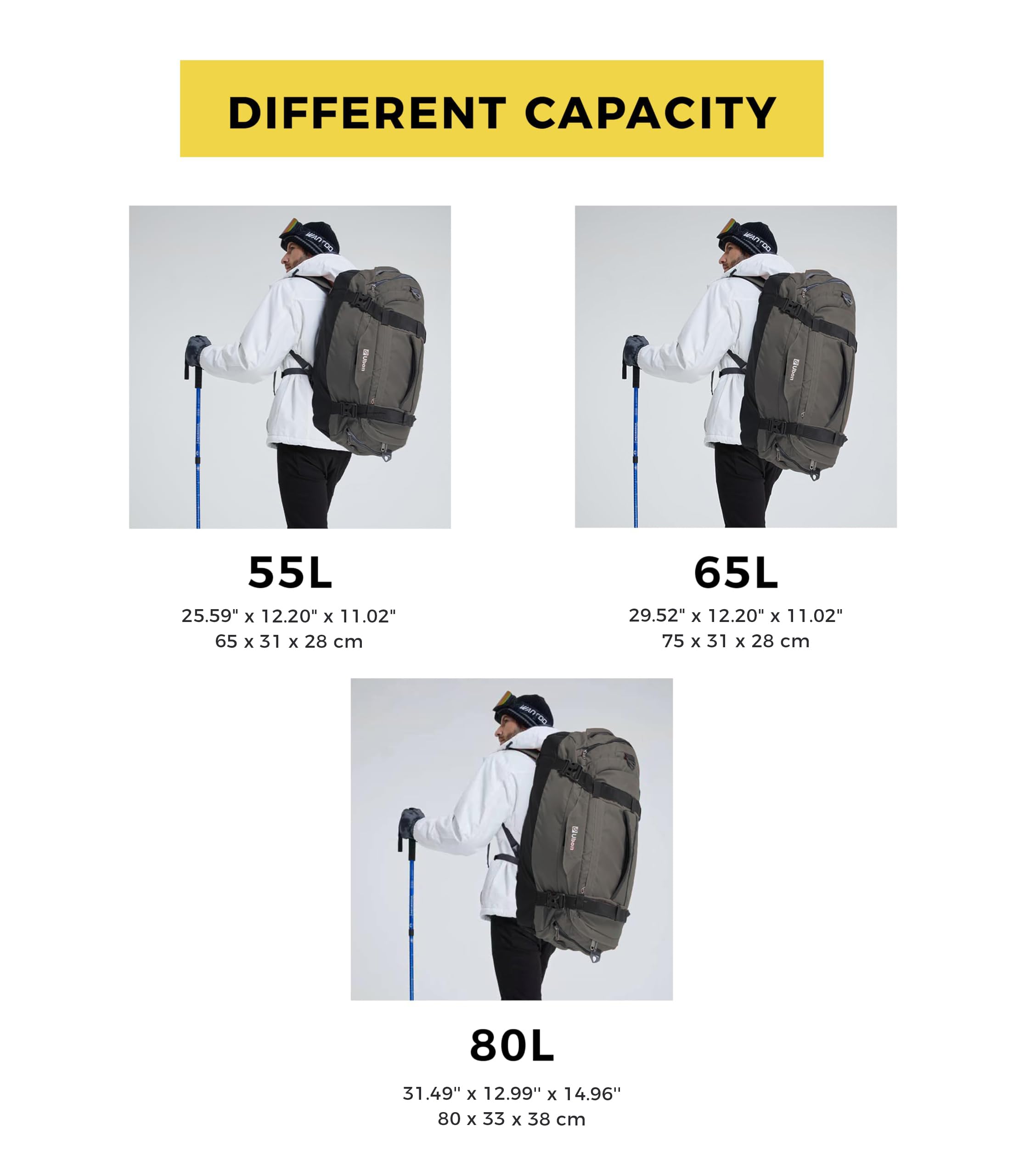 Ubon Borsone da Viaggio Grande Borse con Spazio per Laptop Vano Biancheria Ventilato Scomparto Scarpe Cinghie di Compressione Attrezzatura Escursionismo Campeggio Spiaggia Palestra Unisex Grigio 65L