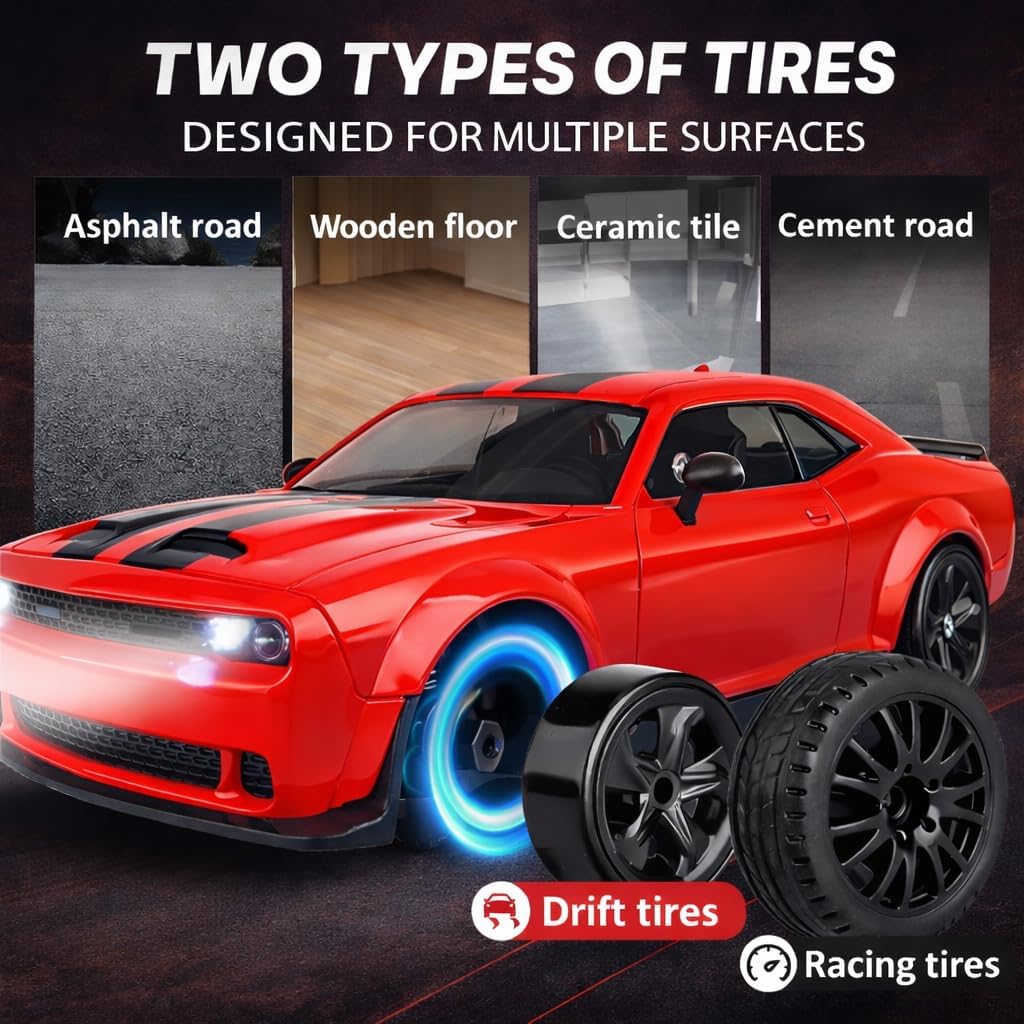 IntelLock 1:24 RTR RC Drift Car with Scratch-Free Drift Tires, 4WD High-Speed Muscle, 2 Rechargeable Batteries, LED Lights, 2.4GHz Remote Control Car for Kids & Adults, Indoor/Outdoor (Red 2)