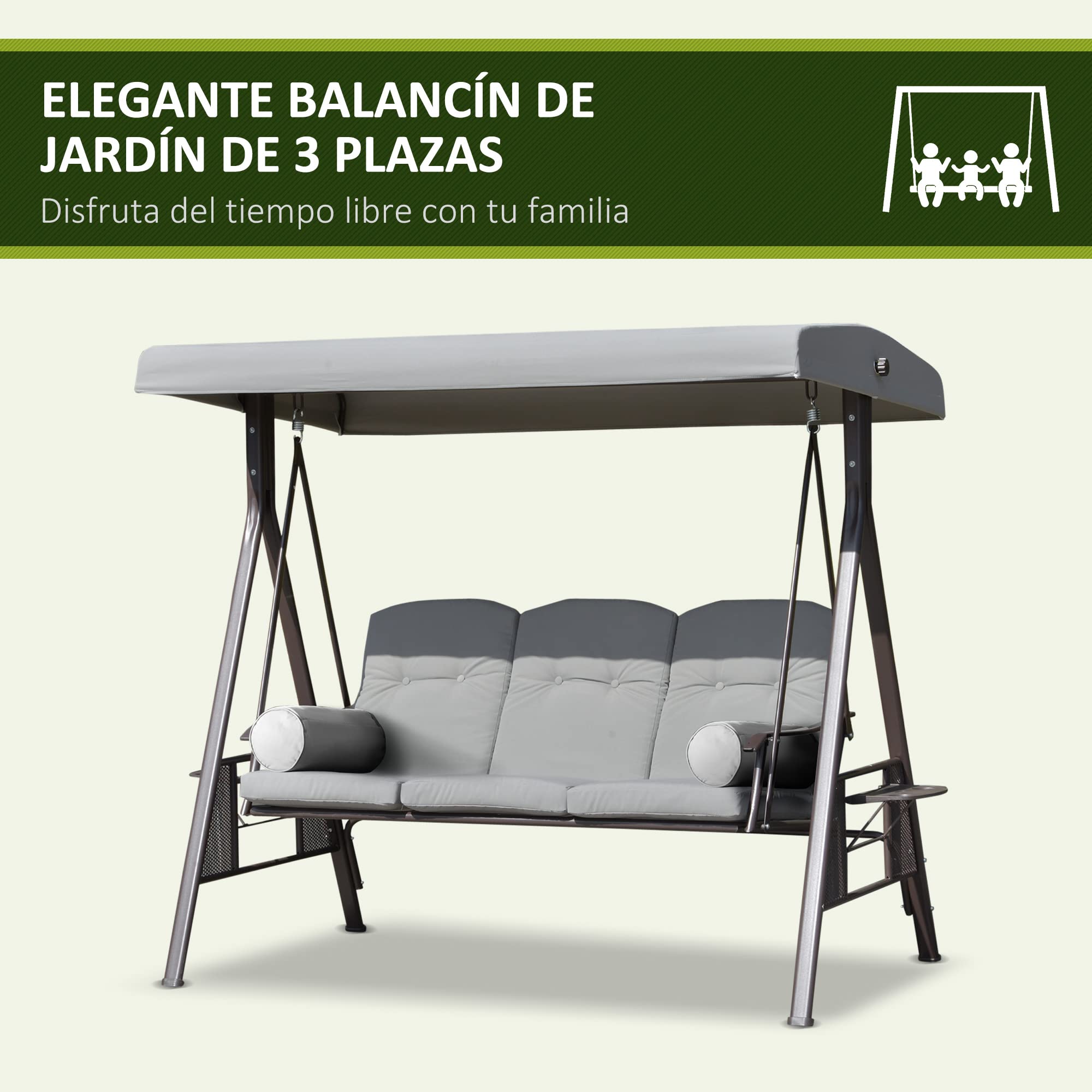 Outsunny Balancín de Jardín Exterior de 3 Plazas 206x116x183 cm Gris | Columpio de Jardín Exterior, Toldo Ajustable, Bandejas Laterales, 2 Almohadas, Marco de Metal, Carga 360 kg