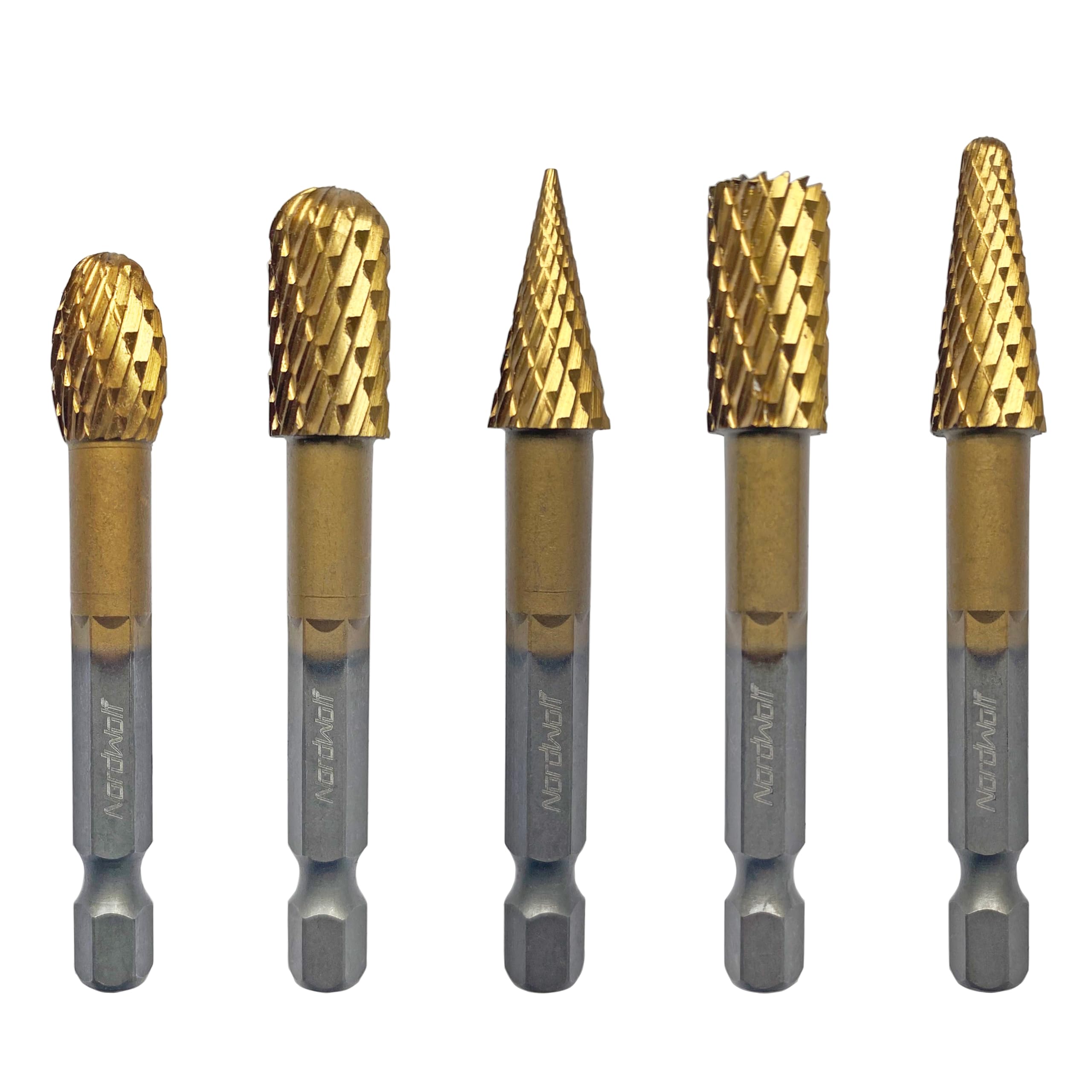NordWolf 5-Piece Rotary Burr Carving Rasp Files Set, with 1/4" Hex Shank for Metal, Soft Metal, Wood & Plastic Deburring, Shaping, Grooving, Polishing