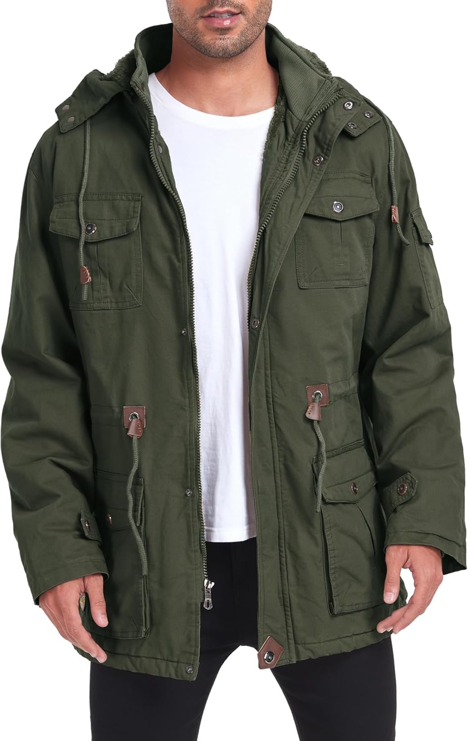Men's Thick Winter Jackets Fleece Lined Thick Jackets Hood Work Jackets Coat Cotton Military with Cargo Pockets - Image 2