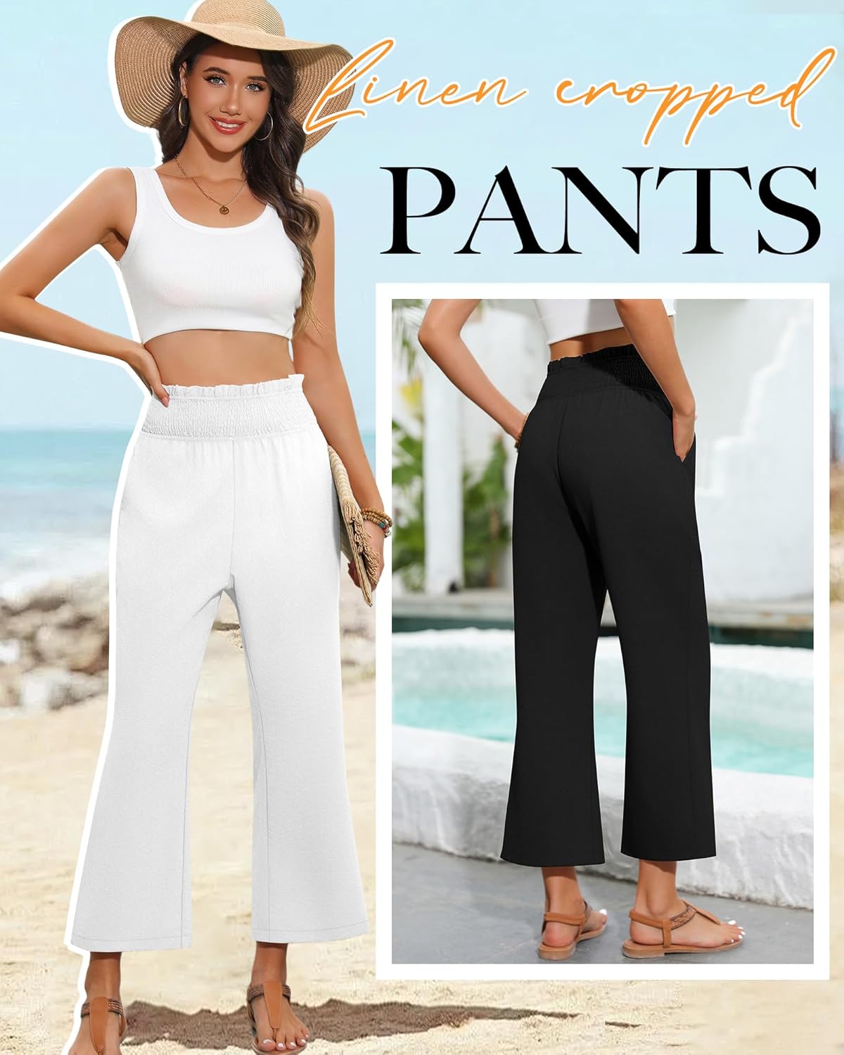 2 Pack Women's Linen Pants, High Waist Cropped Wide Leg Loose Pants with Pockets Flowy Palazzo Beach Trousers(White, Black,Medium) - Image 4