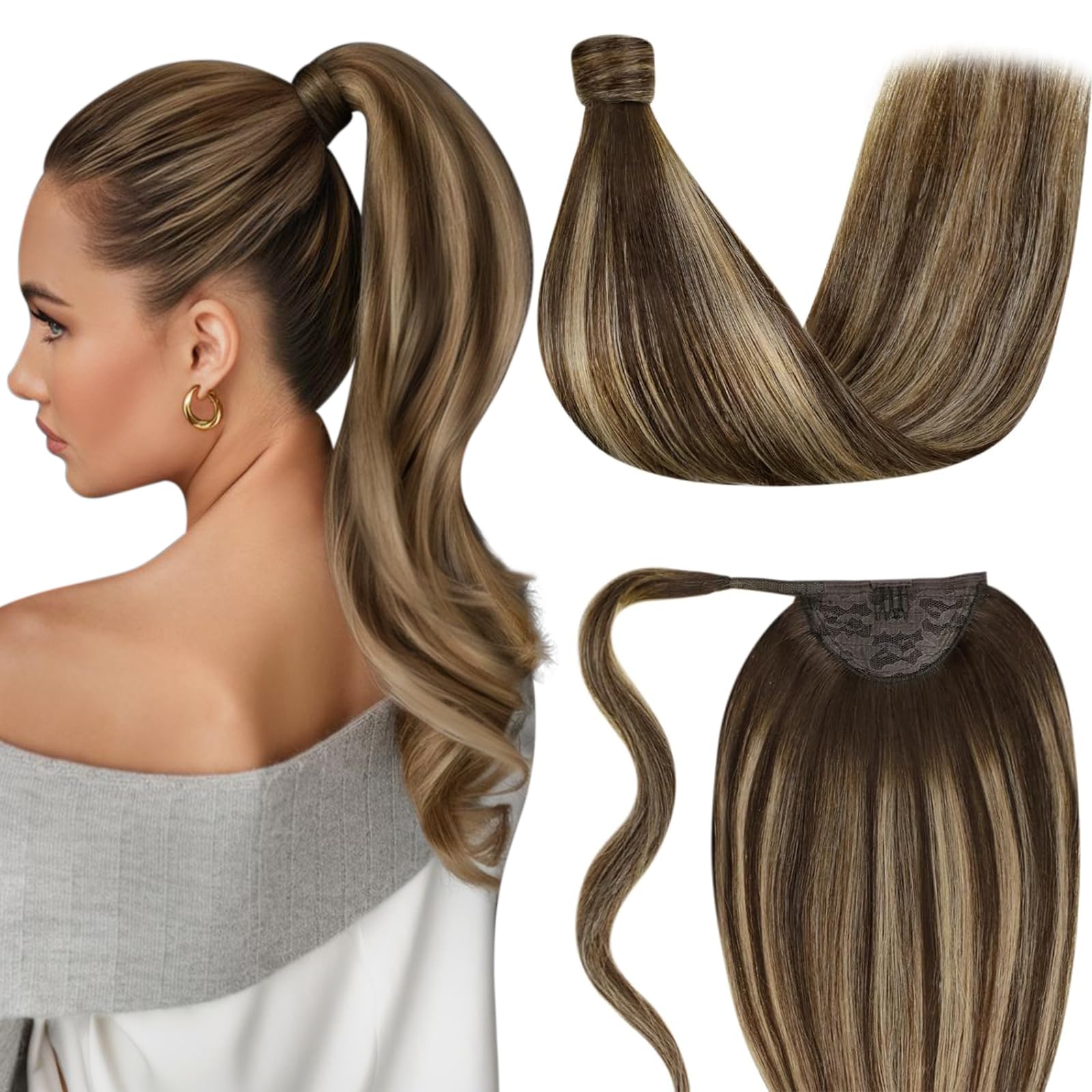 LaaVoo Ponytail Extension Echthaar Braun Balayage Echthaar Extension Pferdeschwanz Dunkelbraun Ombre Honigblond Zopf Extension Echthaar Haarverlängerung Zopf Glatt #4/27/4 70g 35cm