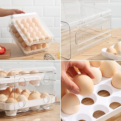 Miniatura 6 de HOMQUEN Soporte para huevos, plástico transparente, bandeja para huevos de 2 capas/40 rejillas y caja de almacenamiento fresca para refrigerador
