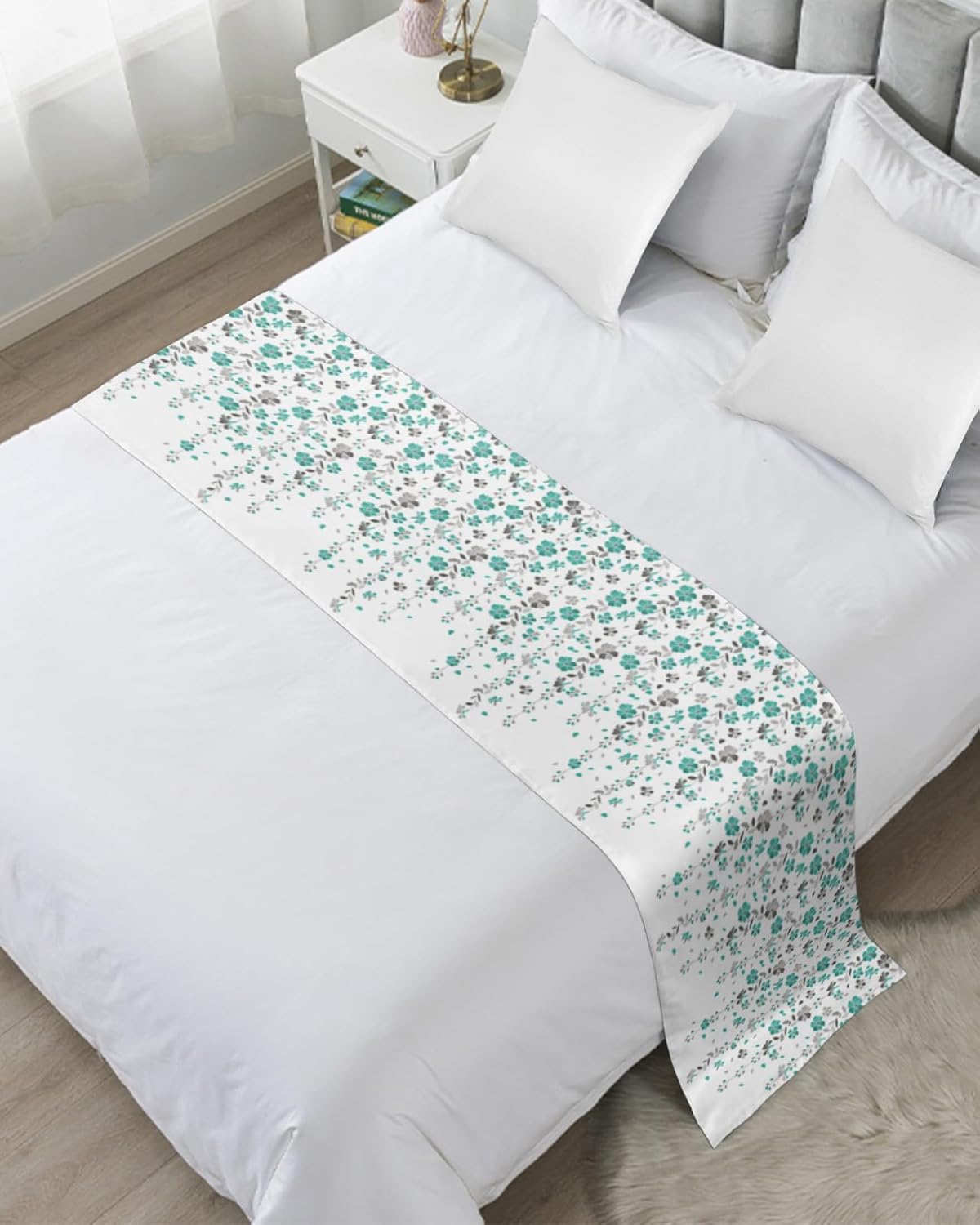 Teamery Bed Runners & Scarves, Farm Flowers Green and Gray on White Background Bed Runner, Bed Scarf Protector Decorative Accent Bedding Scarf for Hotels Homes and Guestrooms, 102 x 20 inches