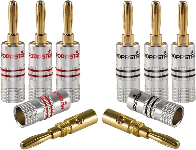 Poppstar Banana plug, for cables up to 4 sq mm screwed or 6 sq mm soldered, 24k gold plated contacts, set of 8