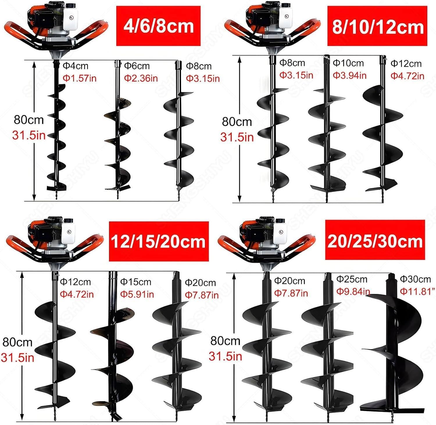 Trivella a Scoppio 199cc 5CV Motore 4 Tempi,con 3 Punte,Mototrivella per Trapano a Terra, Robusta e Duratura,per Installazione Recinzioni, Orti, Giardini e Lavori Professionali 8/10/12cm