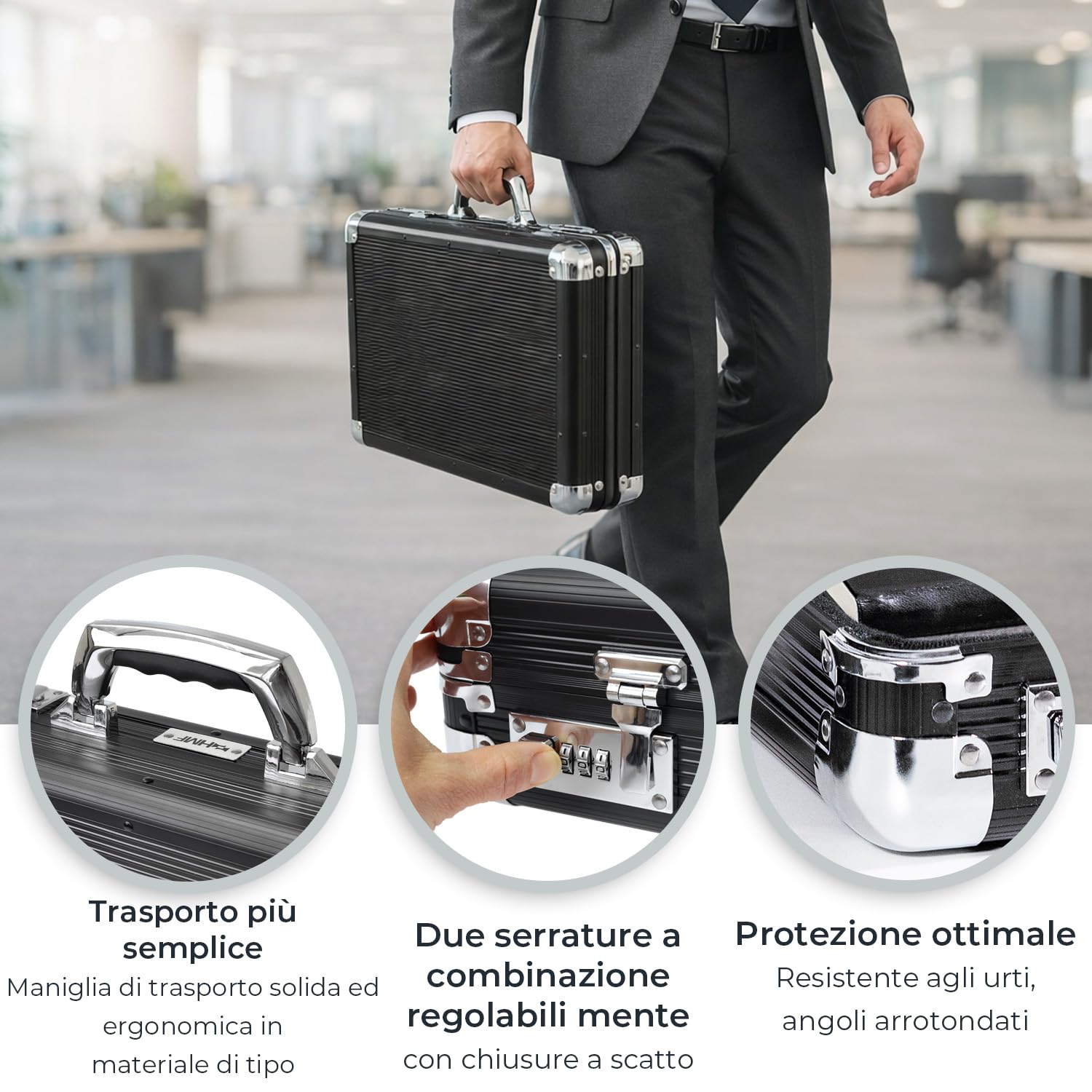 HMF Valigetta portadocumenti in alluminio per laptop fino a 17,3 pollici, Valigetta business da uomo con serratura a combinazione e scomparto laptop imbottito | 45 x 33 x 11 cm | Nero