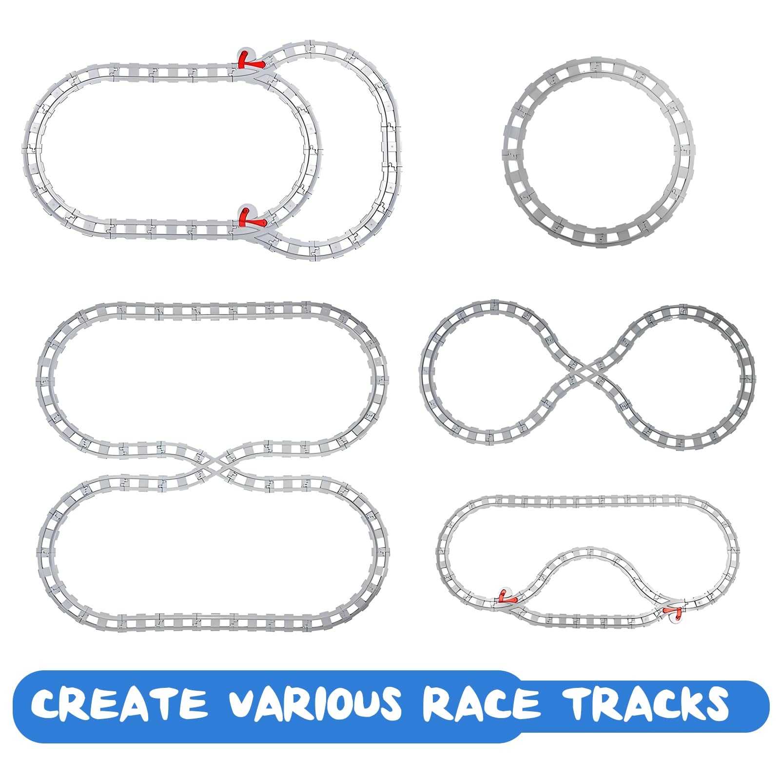 Set di 47 binari per treno, set di binari per ferrovie, compatibili con il leader di mercato, cambiare orbita, diritta, curva, binari per ferrovie, giocattoli per bambini (47 pezzi)