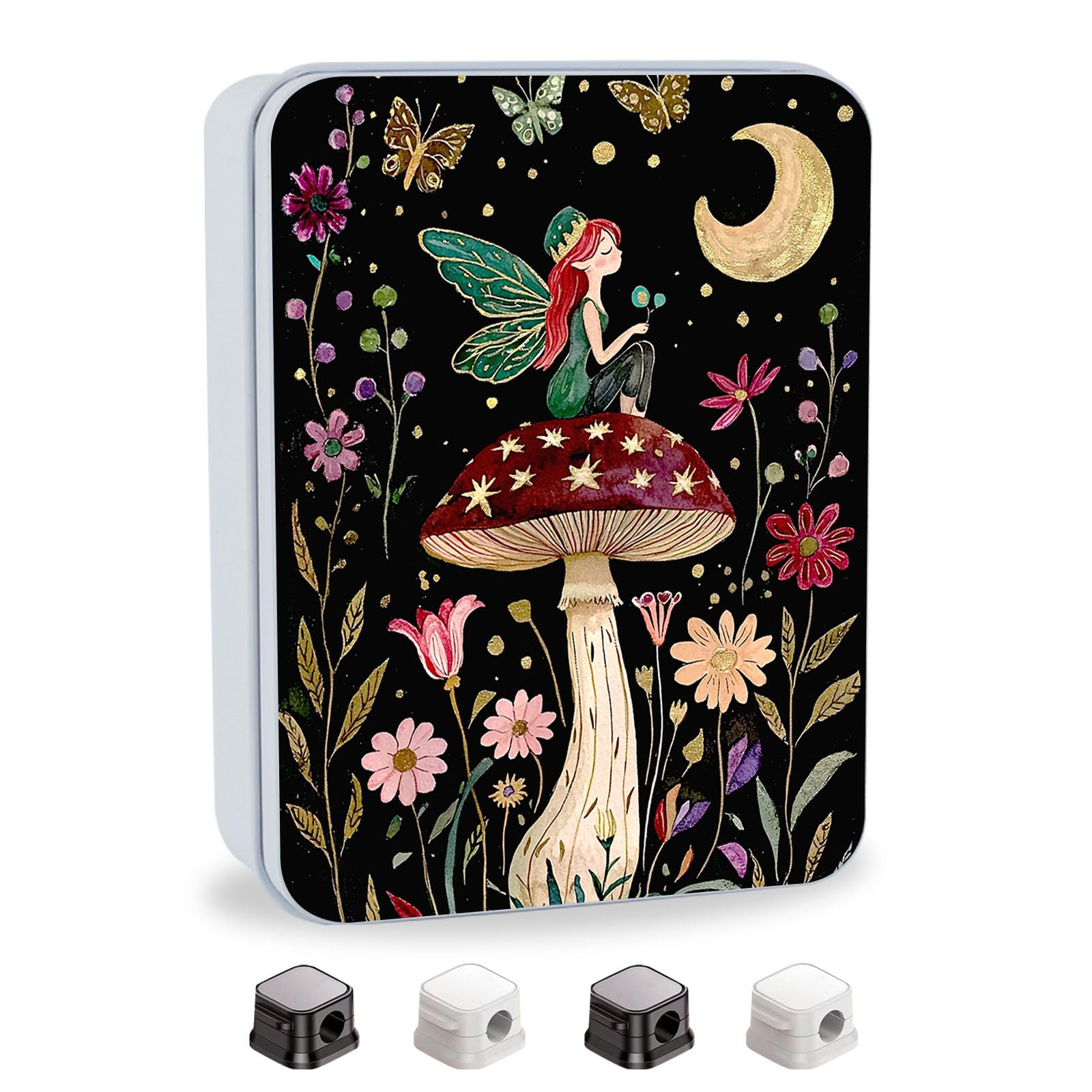 VACGBJPG Metal Tin Box with Lid for Game Cards Home Organizer Candles Keys Crafts Storage - Equipped with 4 Magnetic Cord Clips，Mushroom Fairy and