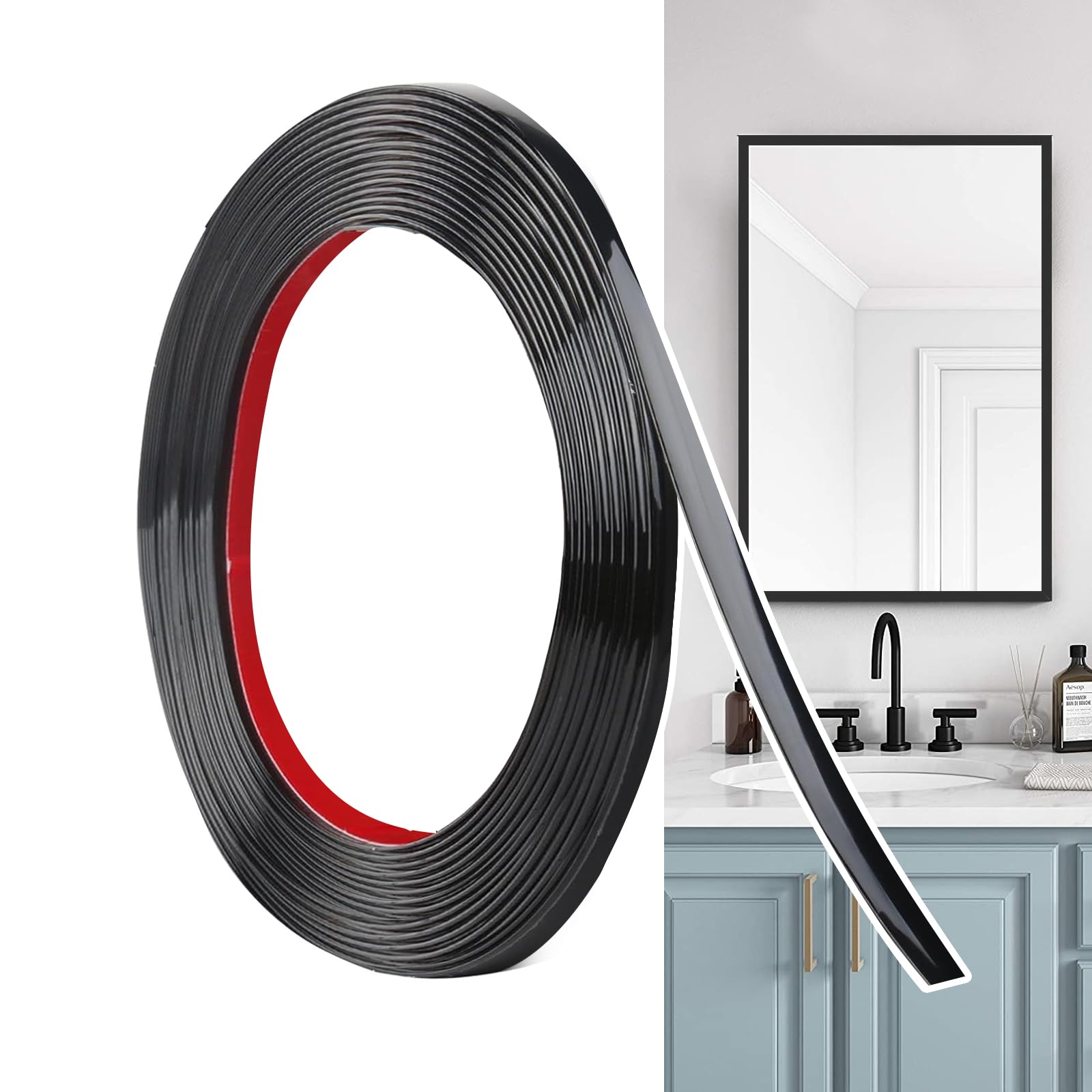 Hengrongshen Self Adhesive Moulding Trim Matte Black (12M x 0.65cm) Flexible PVC Peel and Stick Wall Trim Decorative Edge Strip for Wall, Tile, Mirror, Window, Cabinet, Bathroom, DIY Trim — image 1