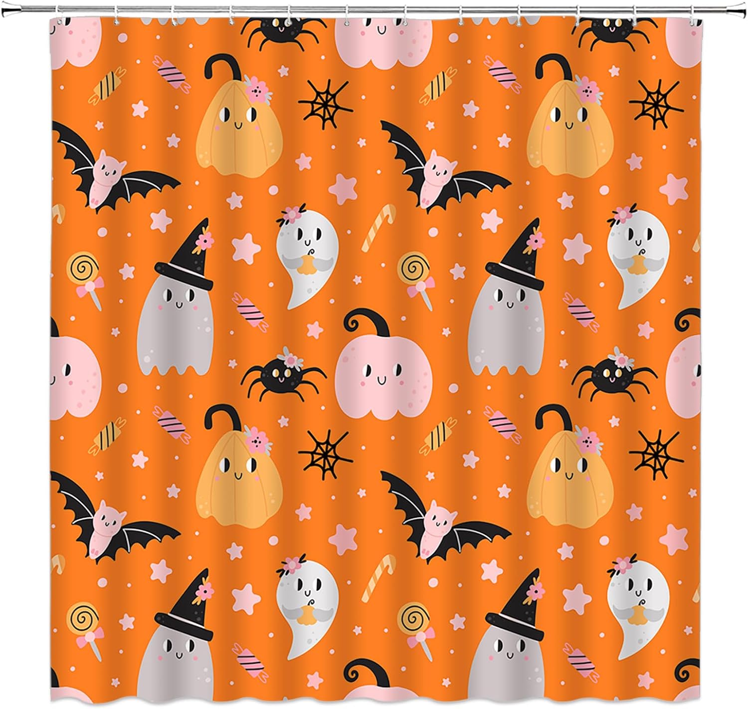Halloween Shower Curtain Cute Cartoon Ghost Pumpkin Bat Candle Star Vintage Funny Happy Halloween Beige 70" Wx96 H Bathroom Decor Curtain with Hooks