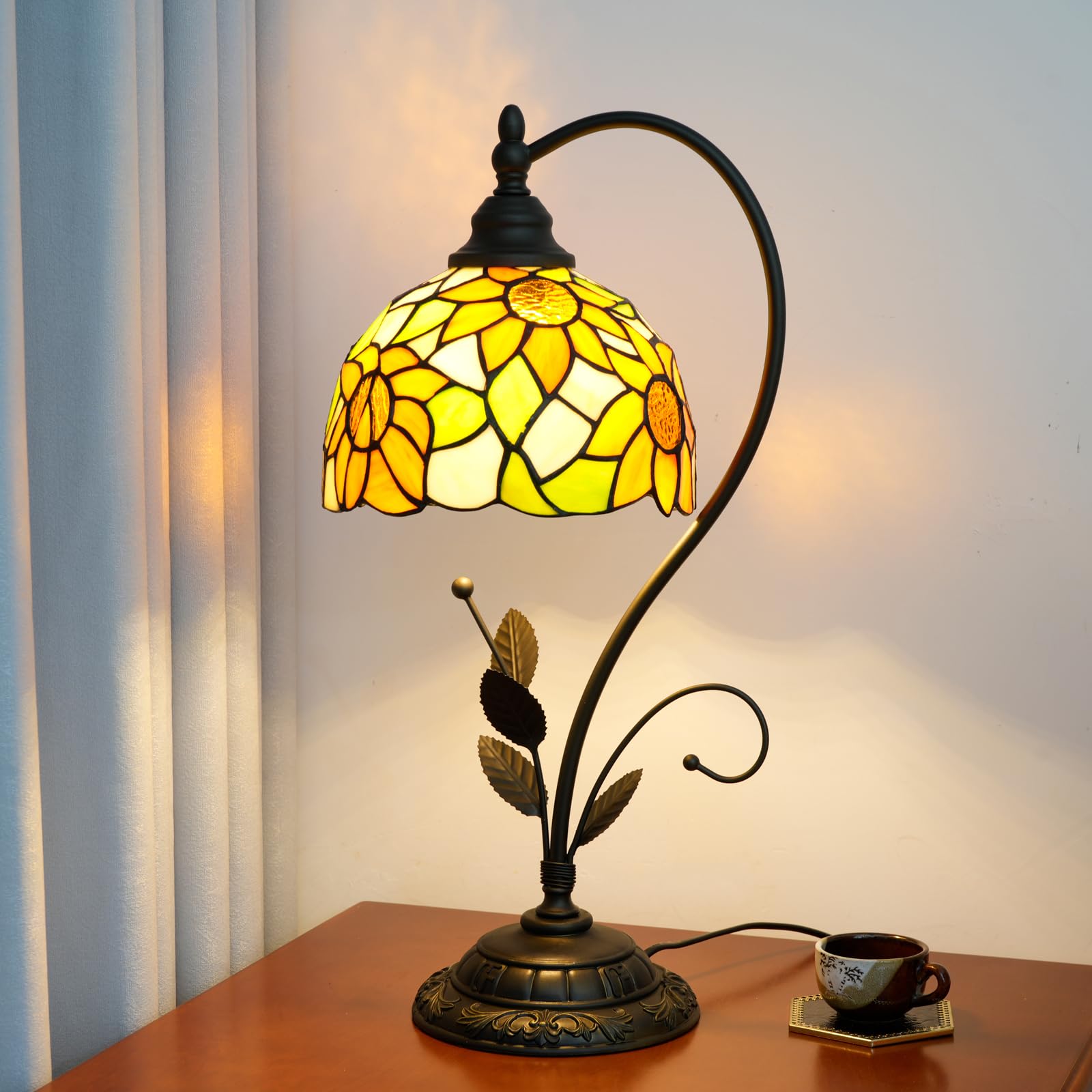Tiffany Tischlampe Sonnenblume Gelb Glasmalerei Lampe Tiffany Stil S Blätter Vintage Schreibtisch Licht für Nachttisch Wohnzimmer Büro Schlafsaal Esszimmer