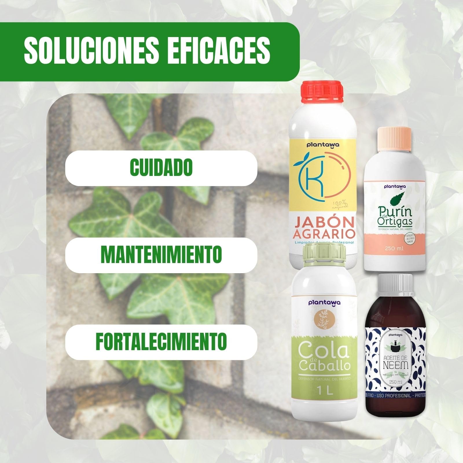 PLANTAWA Protección TOTAL: Jabón Potásico 1L, Aceite de Neem 250ml, Purín de Ortiga 1L, Cola de Caballo 1L | Solución Versátil | Fácil Aplicación | Cuidado Eficaz y Seguro