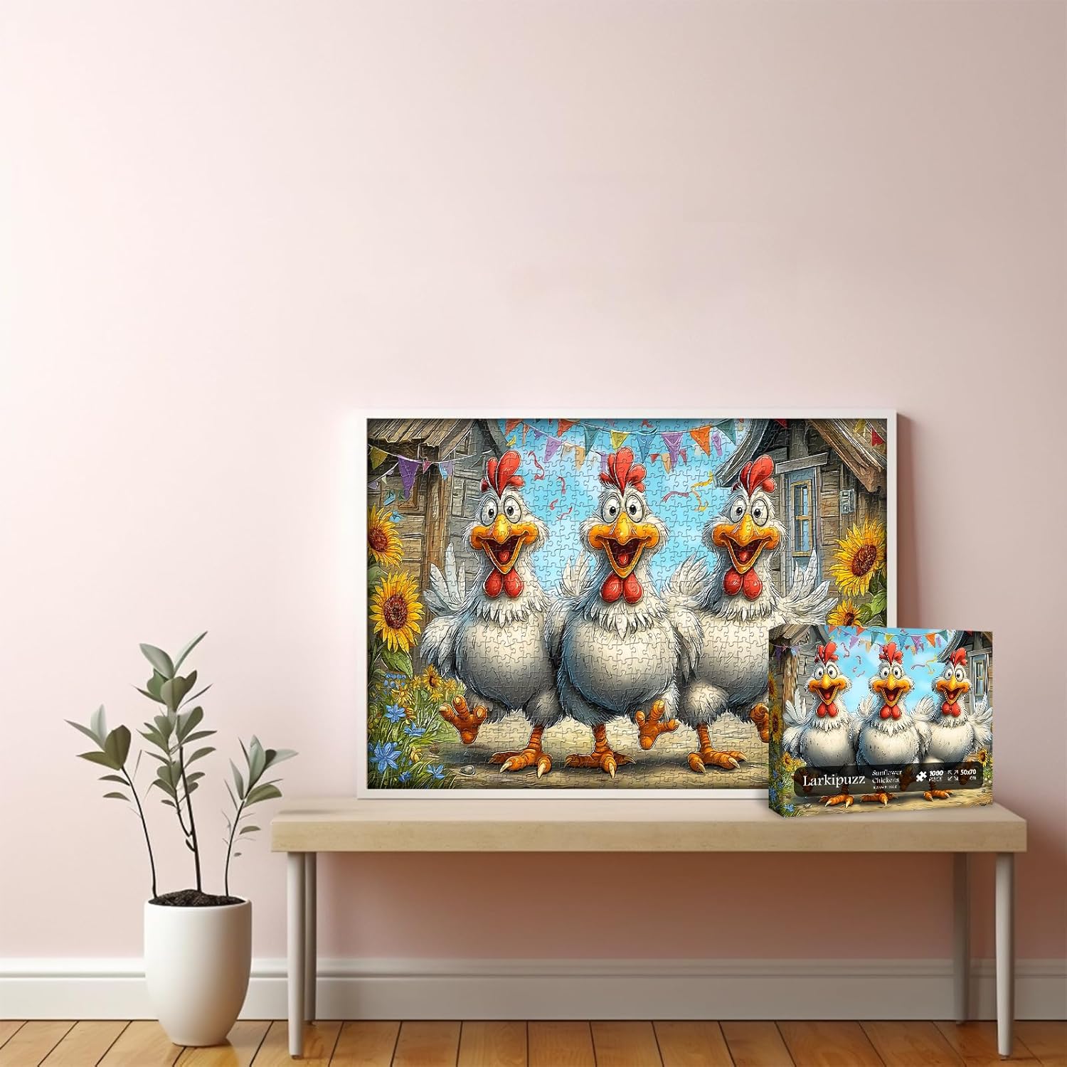 Funny Chicken Puzzles for Adults 1000 Pieces, Larkipuzz Cute Rooster Jigsaw Puzzle Garden Farm Flower, Impossible Challenge Animal Theme as Home Decor